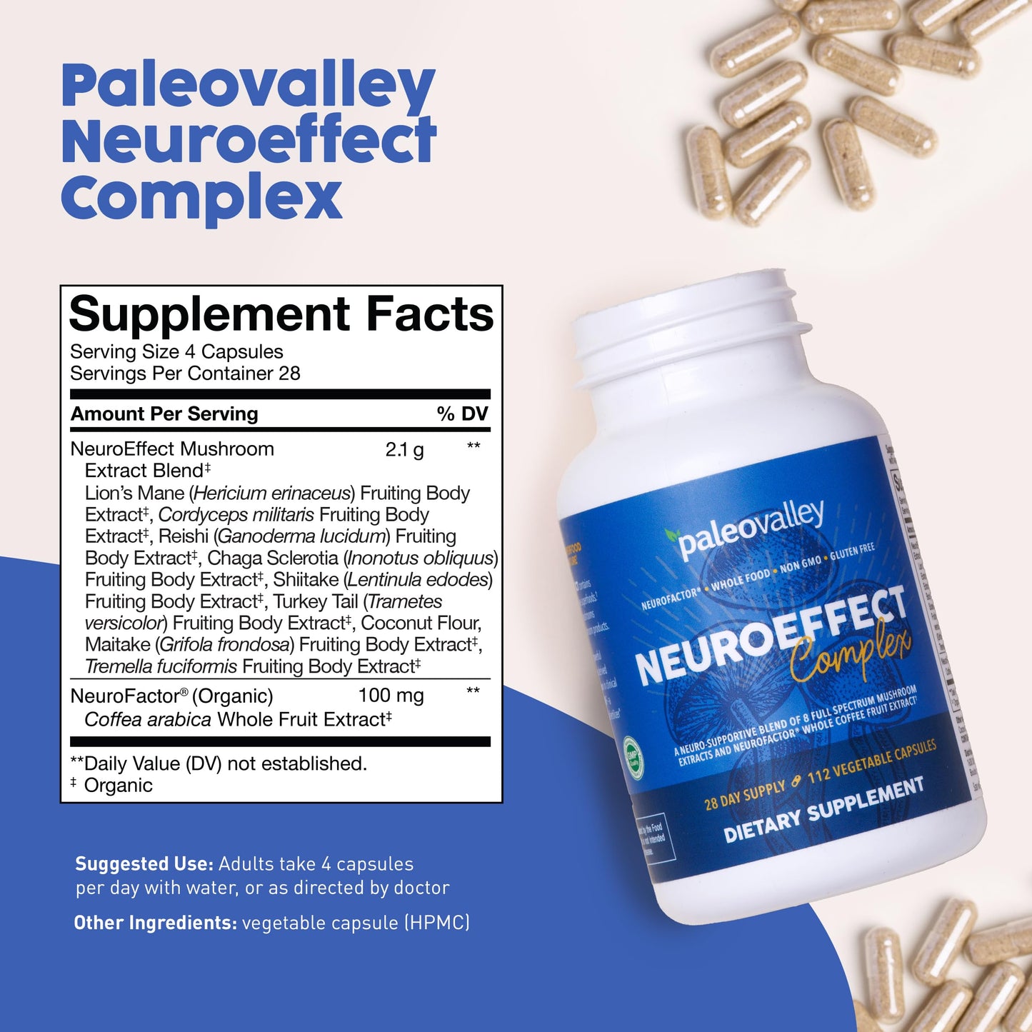 Paleovalley NeuroEffect Neuro Mushroom Coffee Nutritional Supplement for Focus, Memory, and Energy Support Capsule 112 Count