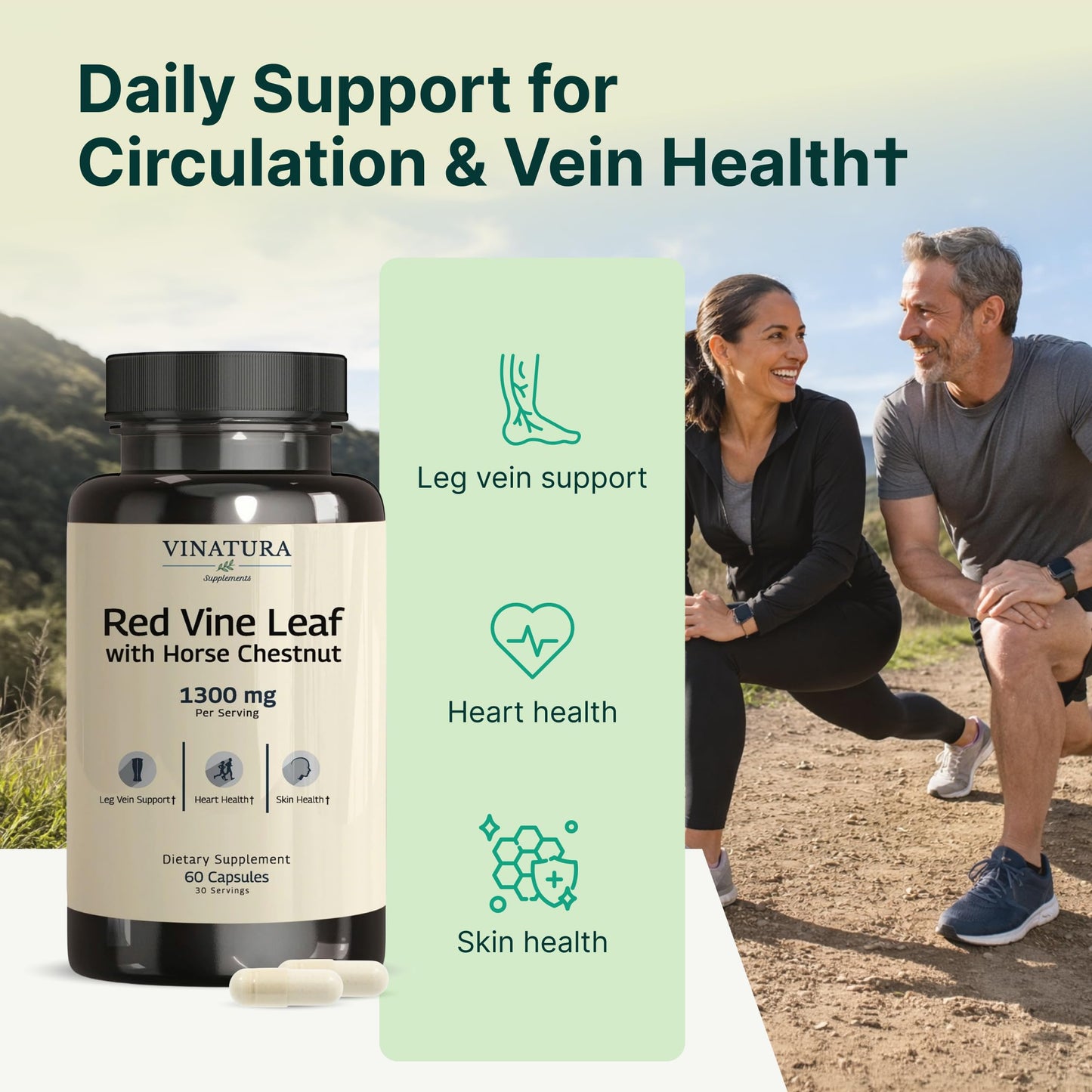VINATURA Red Vine Leaf Extract - Horse Chestnut, 1300mg/serving, Circulation and Vein Support for Healthy Legs, 60 Capsules