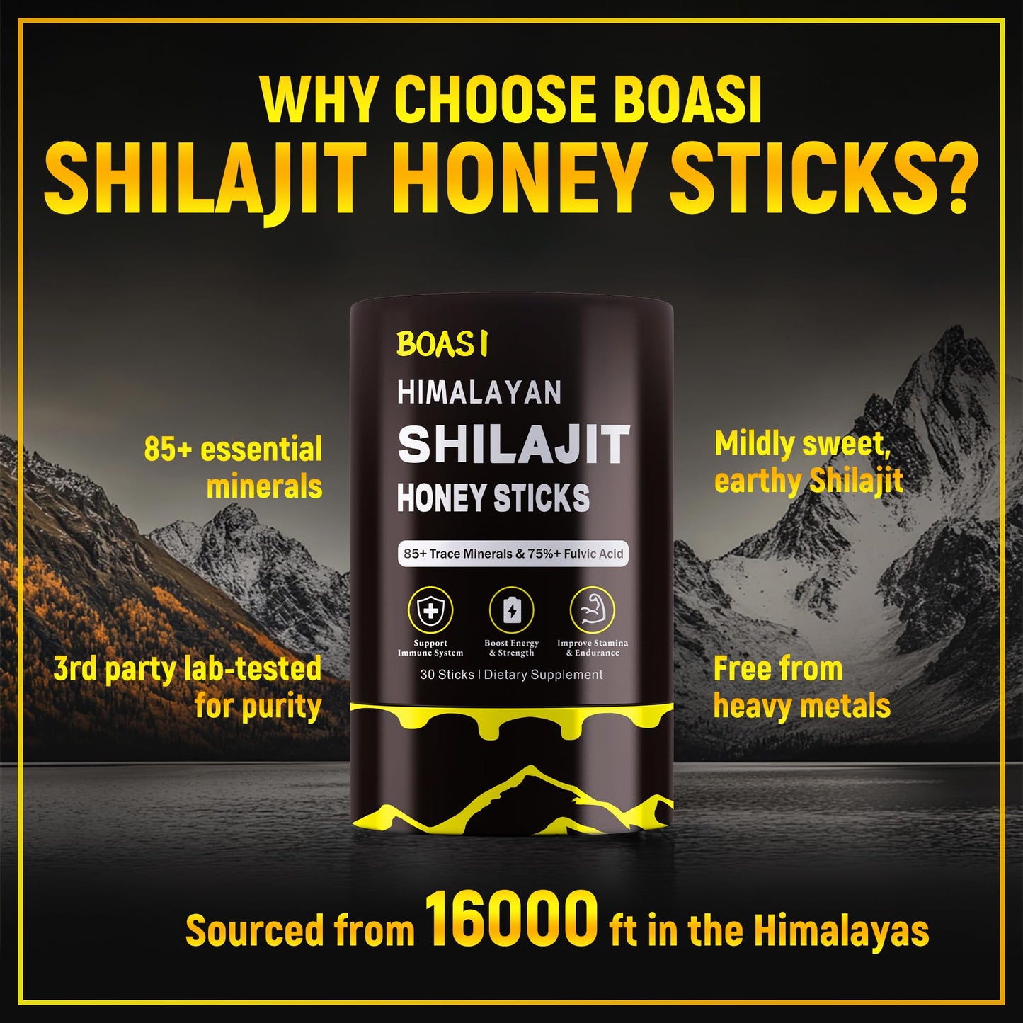 Boasi Shilajit Honey Sticks with Organic Saffron, 85+ Trace Minerals, 75%+ Fulvic Acid, Enhance Cognitive Functions Boost Energy & Strength Gummies, 30 Count