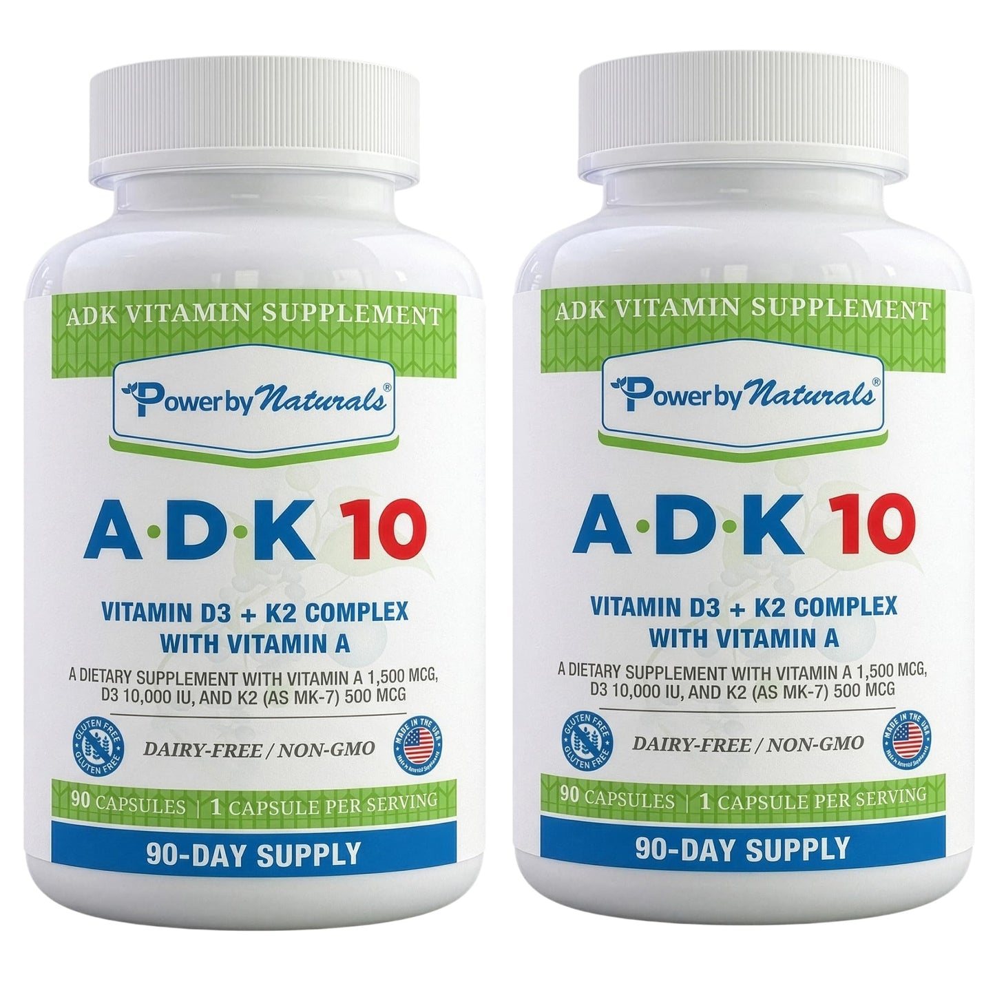 Power By Naturals ADK Vitamin Supplement with Vitamins A, D3 250 mcg & K2 MK-7 for Bone & Immune Health, 180 Capsules