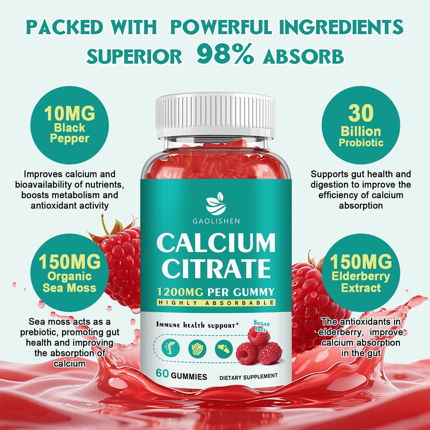GAOLISHEN Sugar Free Calcium Citrate 1200mg with Vitamin D3 Gummies, Calcium Gummies with Vitamin D3 & K2, Raspberry Flavor, 120 Count
