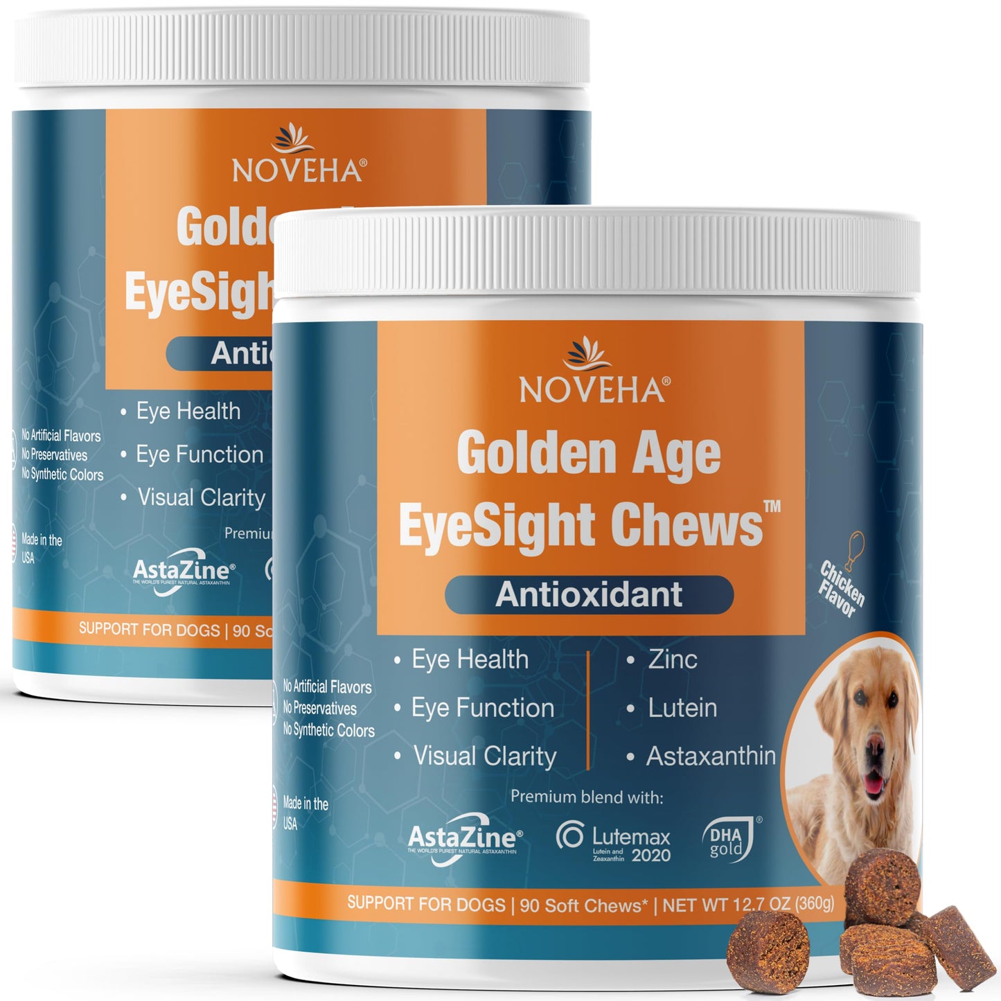 NOVEHA Soft Chews for Dogs with Lutein, Astaxanthin & Omega-3 from Fish Oil, Chicken Flavor, Made in USA, 180 Chews