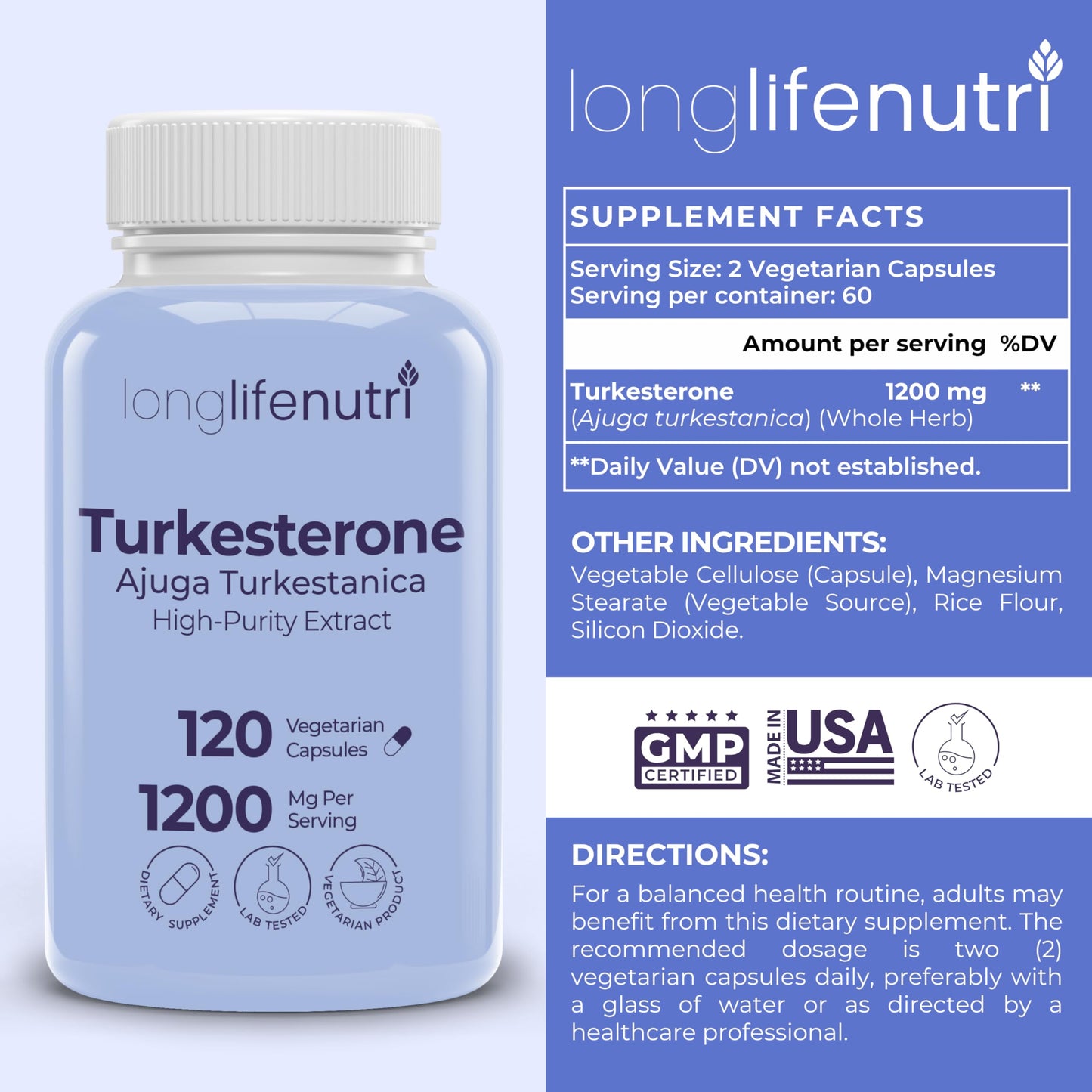 LongLifeNutri Turkesterone 1200mg – High Purity Ajuga Turkestanica for Strength, Recovery, & Muscle Growth, 120 Vegetarian Capsules
