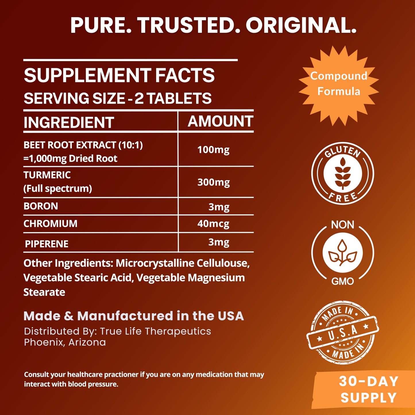 True Life Therapeutics Body Support Tablets Beet Root Extract, Turmeric, Boron & Chromium, 60 Tablets