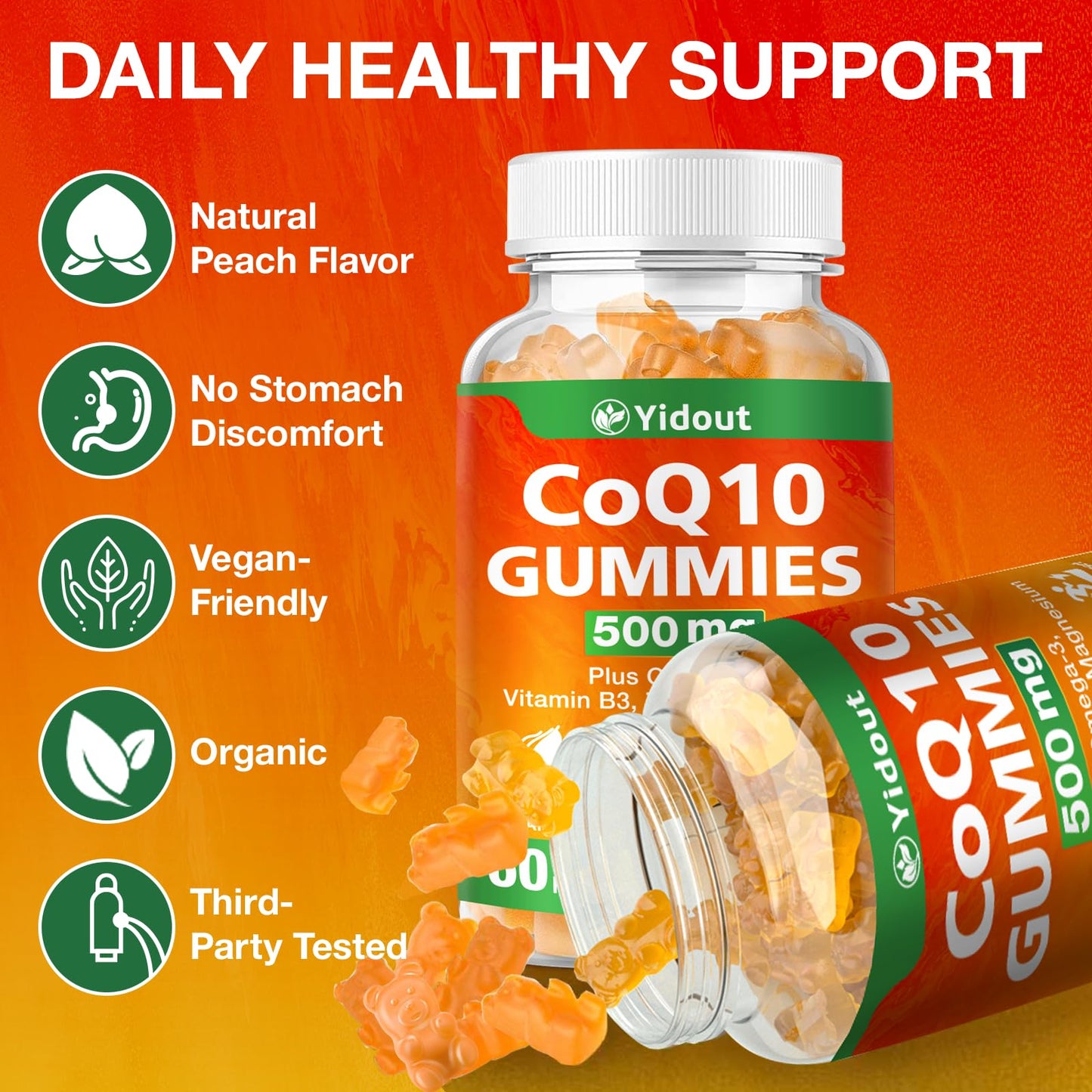 Yidout CoQ10 500MG Heart Support Coenzyme Q10 Supplement Gummy 120 Count