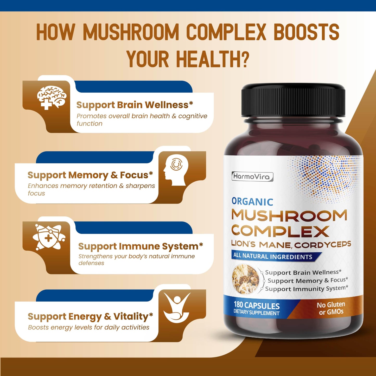 HarmoVira Organic Mushroom Complex with Lion's Mane, Cordyceps & Turkey Tail – Brain, Memory & Immune Support – Capsules, 150 Count