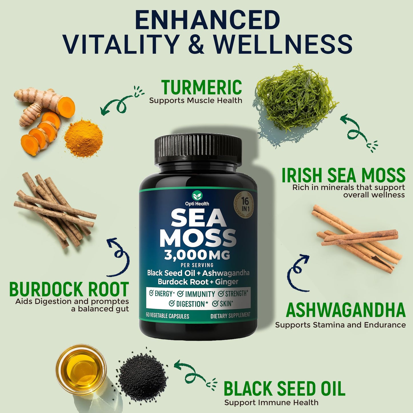 Opti Health Sea Moss Black Seed Oil Ashwagandha Ginger Advanced Irish Sea Moss Capsules 60 Count
