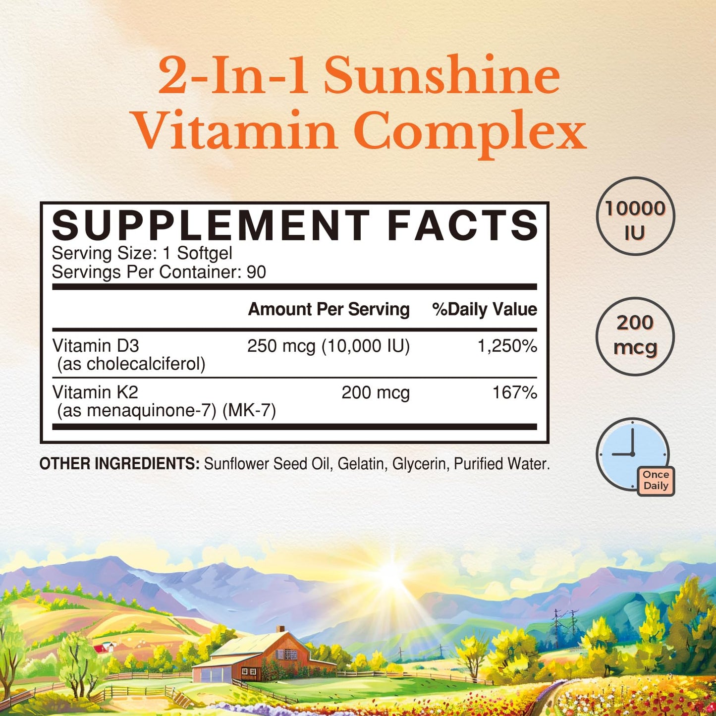 Vitalitown Vitamin D3 K2, D3 10000 IU, K2 (MK7) 200mcg Softgels 180