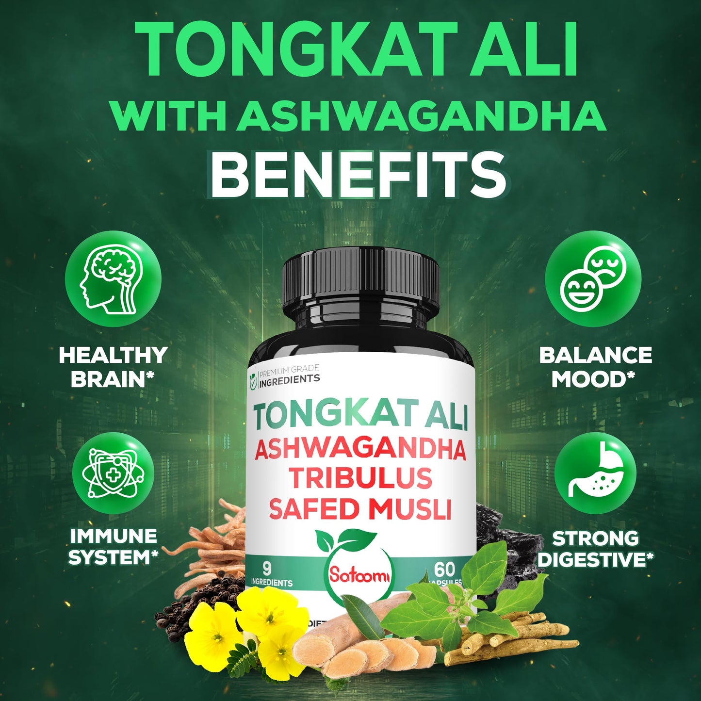 Satoomi Tongkat Ali Root Extract 200:1-9 Essential Herbs with Ashwagandha, Tribulus Terrestris & More - Support Strength, Energy and Healthy Immune, 60 Capsules