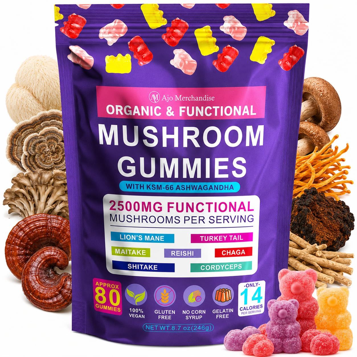AJO MERCHANDISE Lion's Mane Mushroom Gummies for Focus & Energy with KSM-66 Ashwagandha, 80 Gummies
