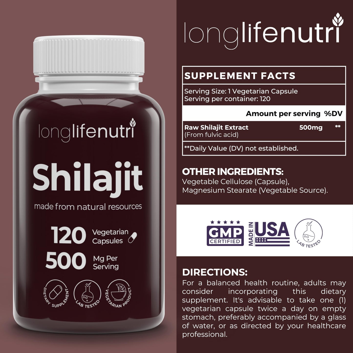 LongLifeNutri Shilajit Pure Himalayan Extract 500mg with 15% Fulvic Acid, 120 Vegetarian Capsules