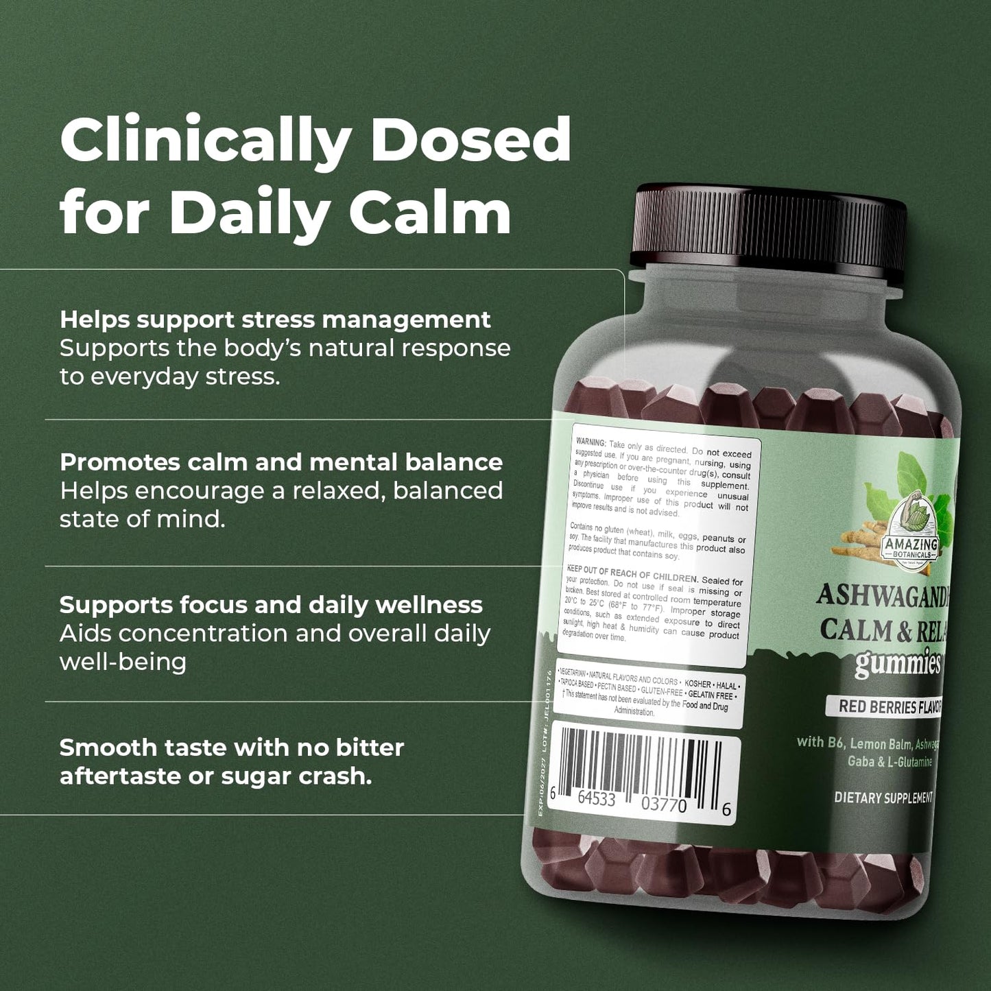 Amazing Botanicals Ashwagandha Calm & Relax Gummies with Vitamin B6, Lemon Balm, GABA & L-Glutamine, 60 Gummies
