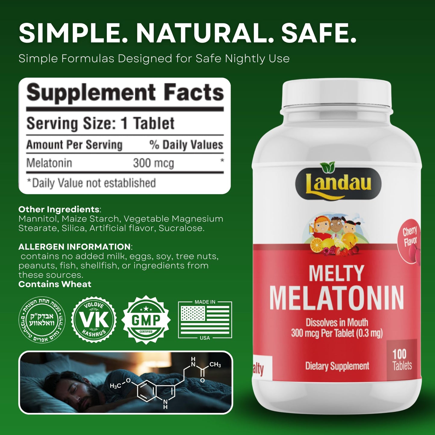 LANDAU 0.3mg-300mcg Melty Melatonin for Kids & Adults Tablet, 100 Tablets