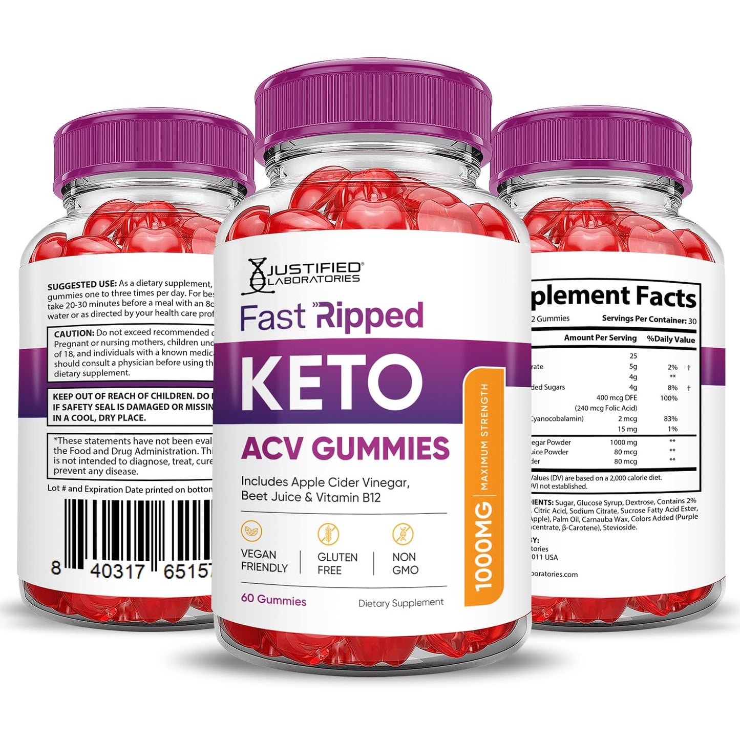 Justified Laboratories Fast Ripped Keto ACV Gummies (1000 mg), 180 Gummies