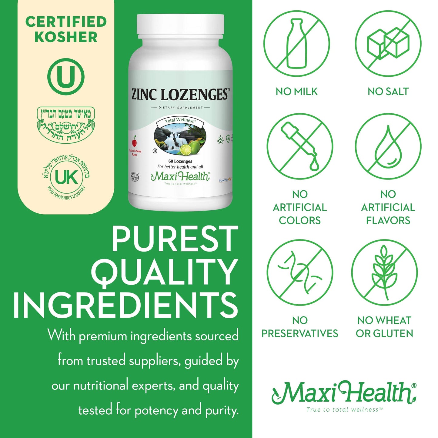 Maxi Health Zinc Lozenges - Zinc Citrate 10mg - with Vitamin C - Cherry Flavor, 60 Lozenges
