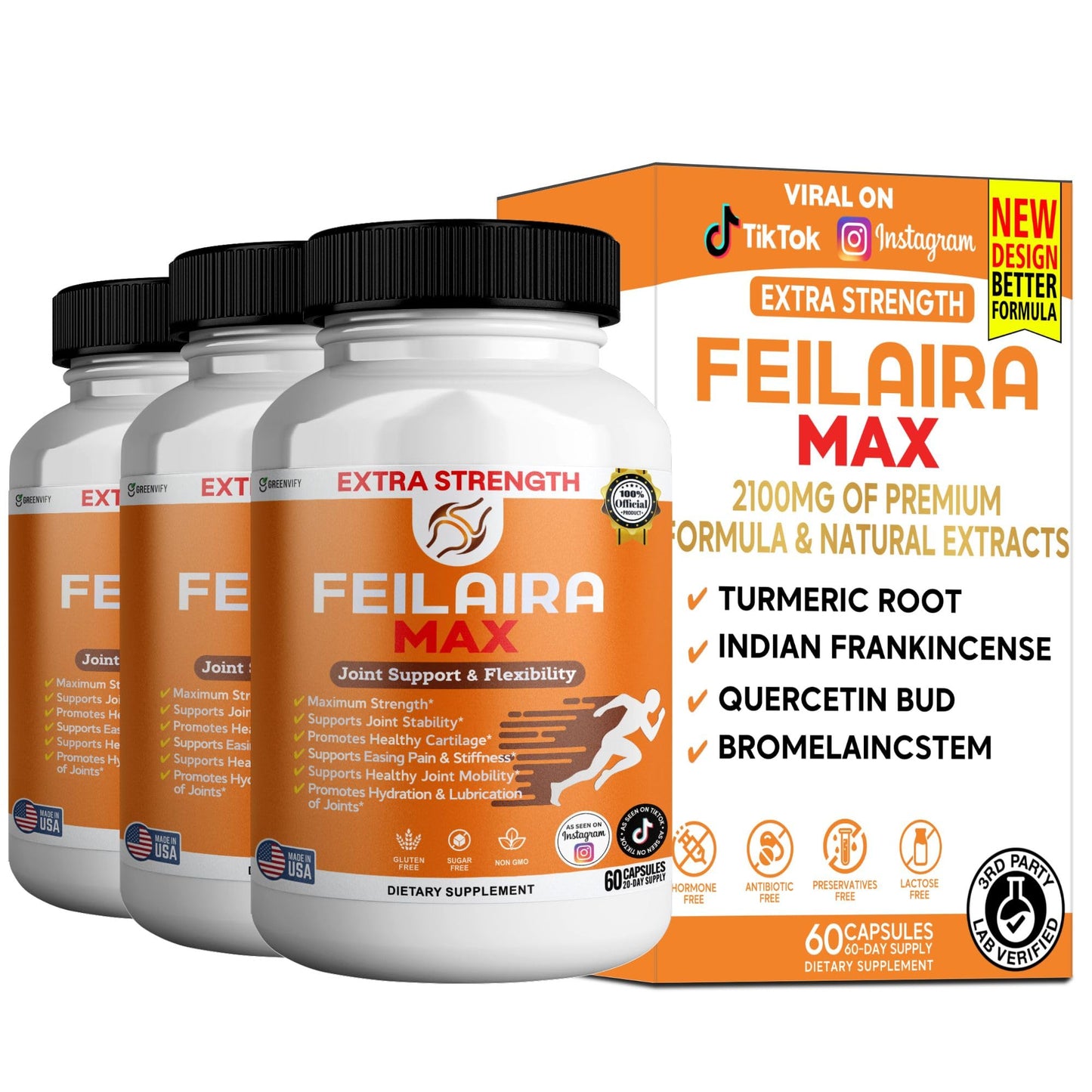 GREENVIFY Feilaira Max Extra Strength Joint Support Supplement 1500mg Glucosamine Capsules, 180 Count