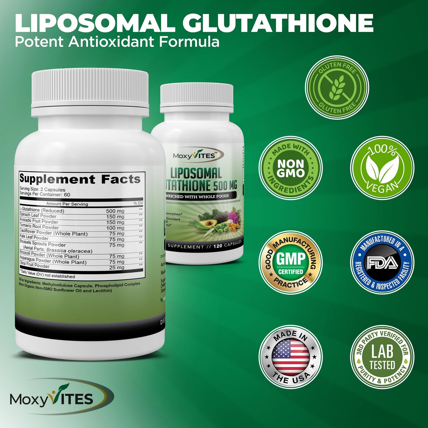 MoxyVites Liposomal Glutathione Supplement 500mg Capsule 120 Count