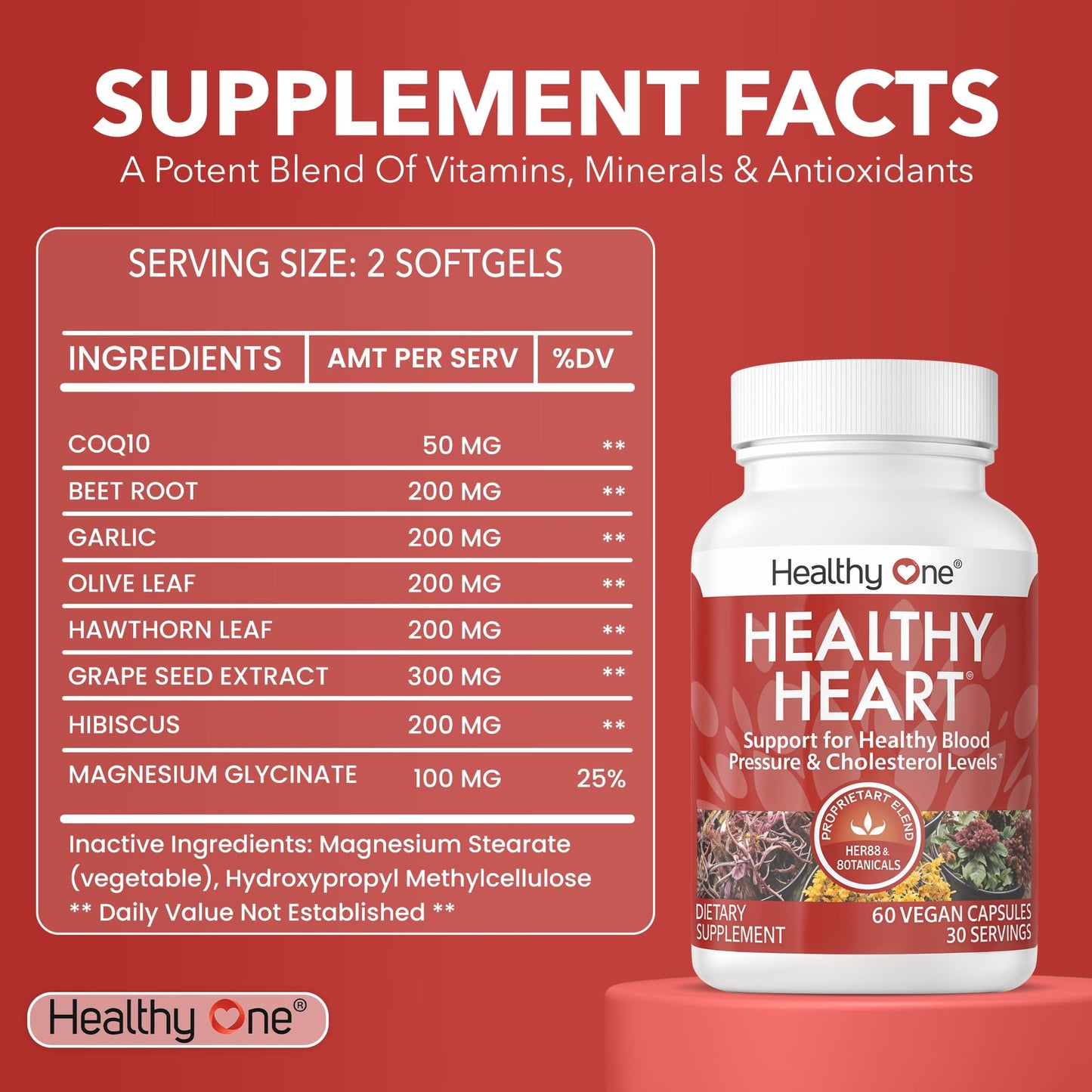 Healthy One Healthy Heart - Healthy Cholesterol Circulation & Blood Pressure Capsule, 60 Count