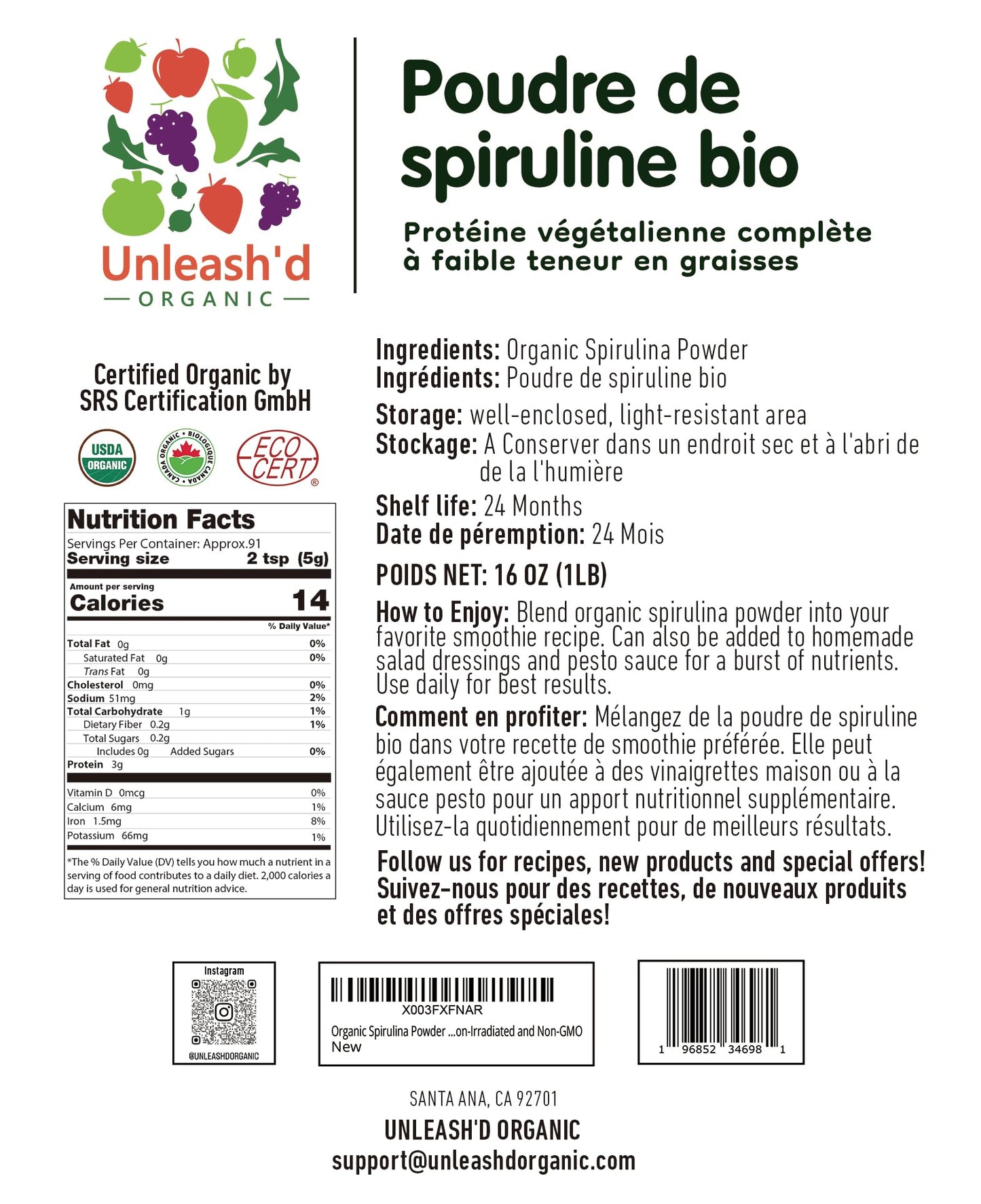 UNLEASH'D ORGANIC Spirulina Powder 16 oz