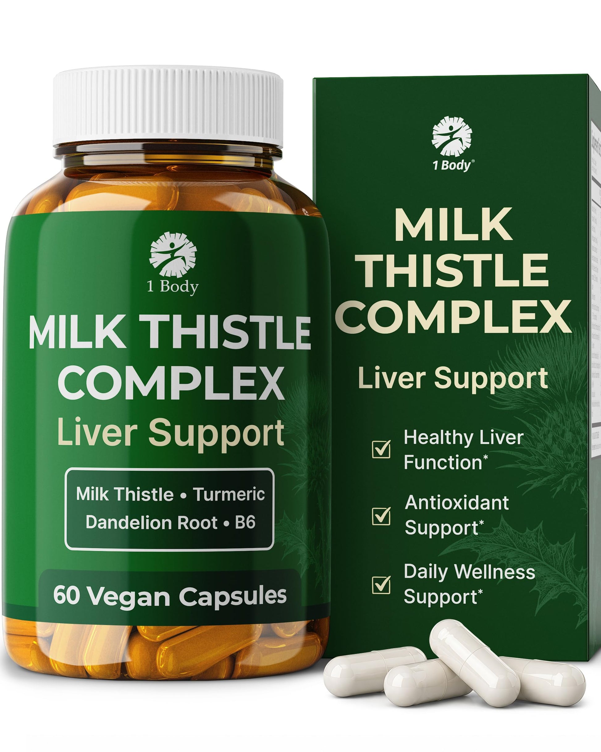1 Body Milk Thistle Complex, Silymarin Liver Support Capsule, 60 Count