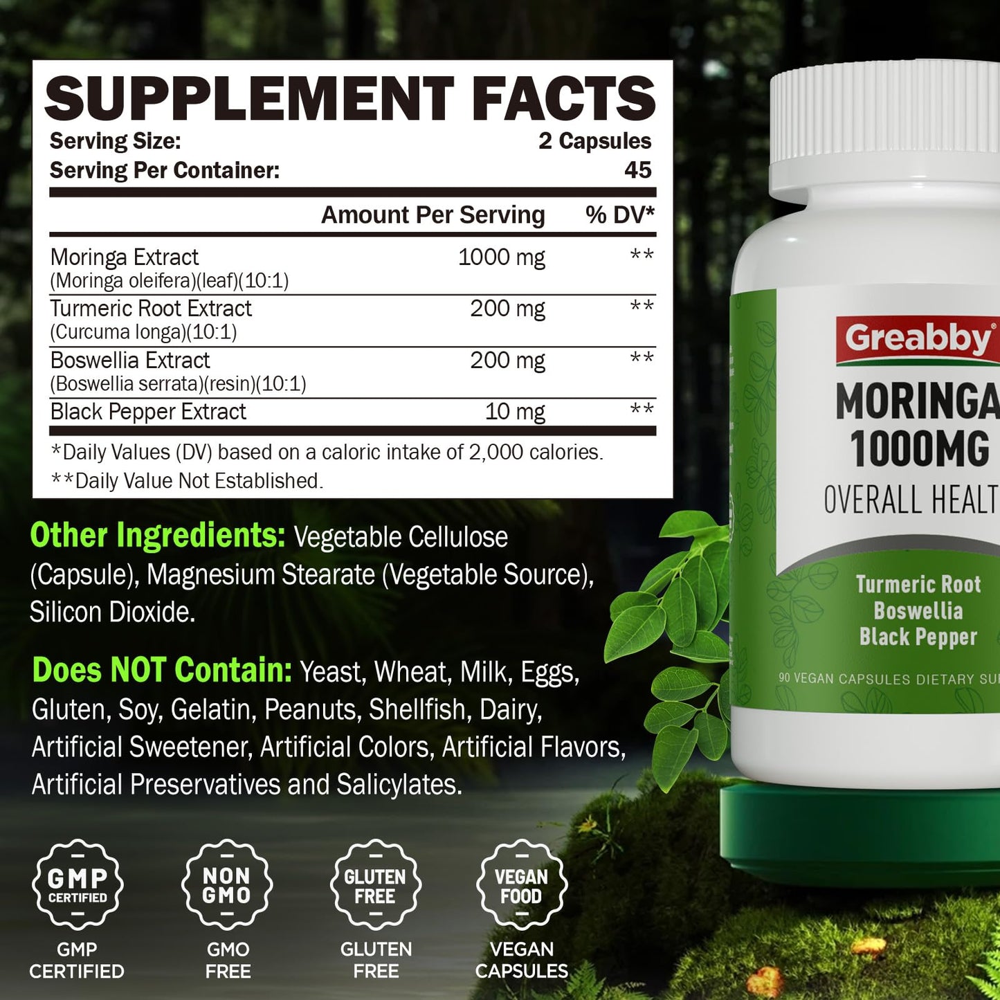 GREABBY Moringa Capsules with Turmeric & Boswellia, Immune Health Support, 90 Capsules