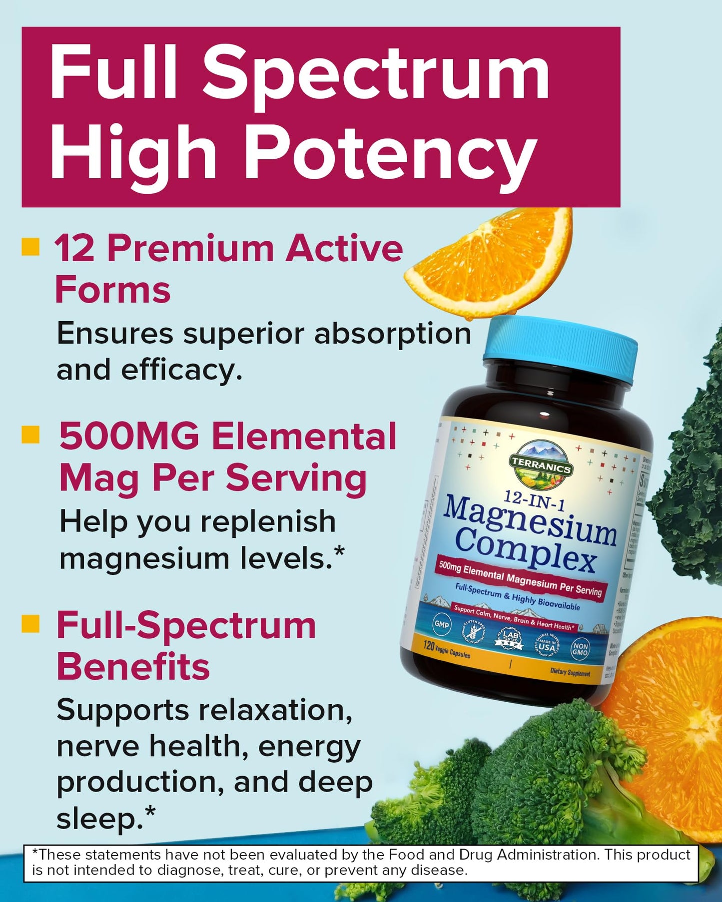 Terranics 12-in-1 Magnesium Complex 500mg Chelated Magnesium Glycinate, Citrate, Malate, Taurate & Orotate Capsules 120 Count