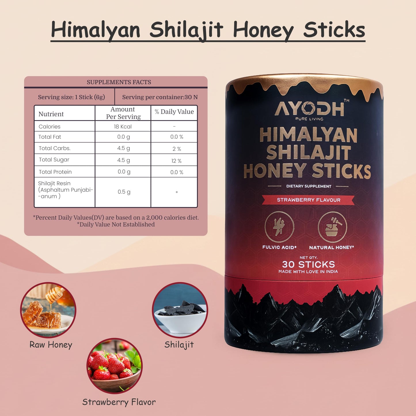AYODH Pure Himalayan Shilajit Honey Sticks with Honey & Strawberry Softgel, 4 Softgels