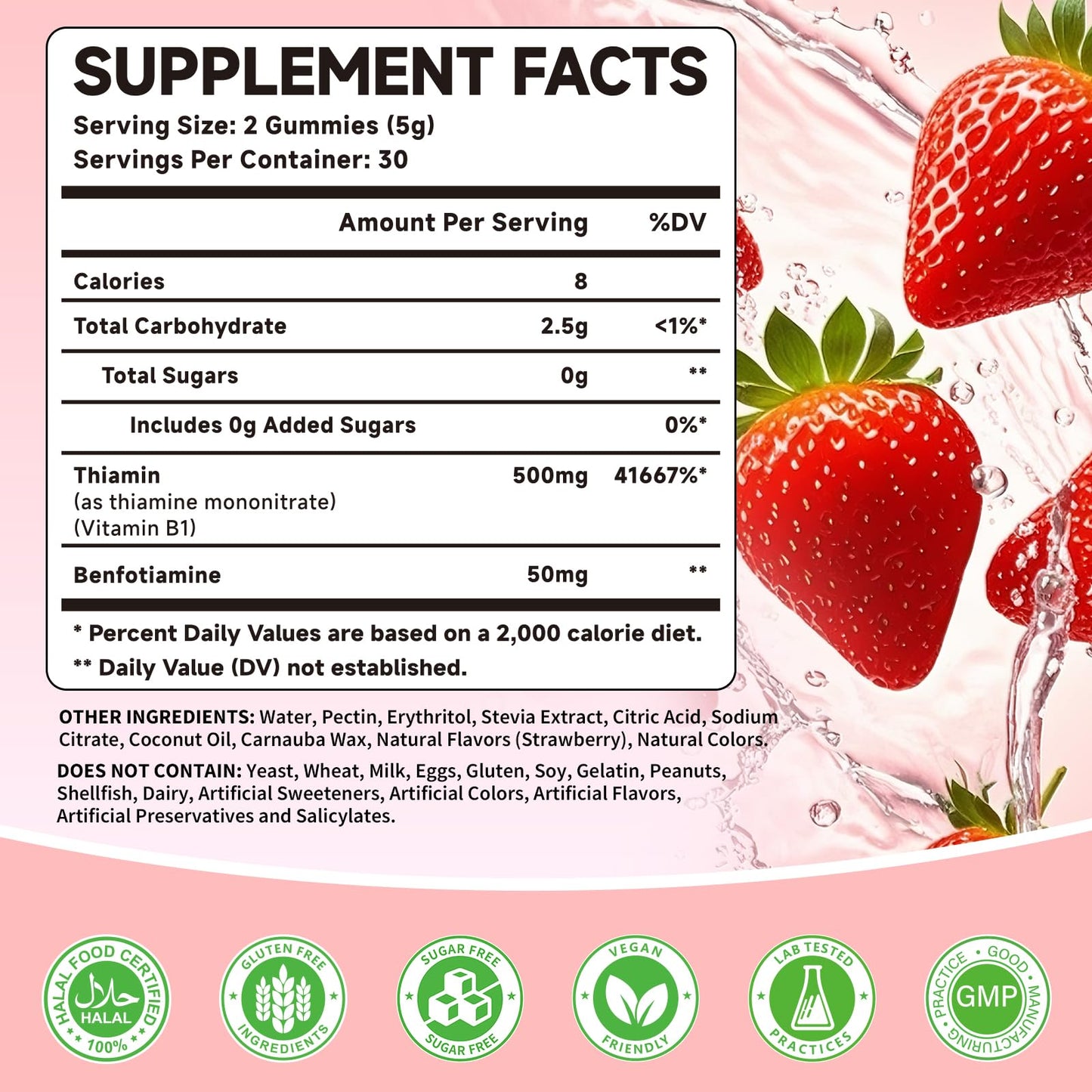 Mchokuu Vitamin B1 500mg with Benfotiamine – Thiamine Supplement for Women & Men, Sugar-Free | Vegan | Non-GMO, Natural Strawberry Flavor, 120 Gummies