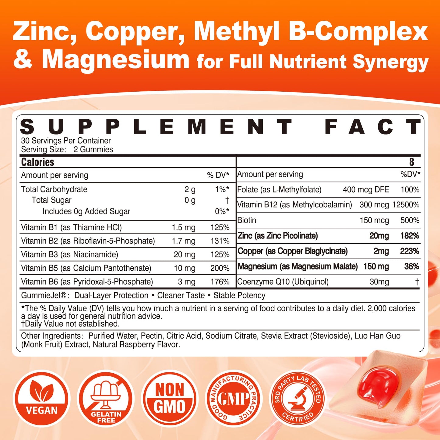 Nextdia Zinc Picolinate Gummies + Copper, Magnesium, Methylated B Complex, CoQ10 for Women and Men, High Absorption Chelated Zinc Copper Bisglycinate Immune Support Gummies, Sugar Free, Vegan, 60 Count