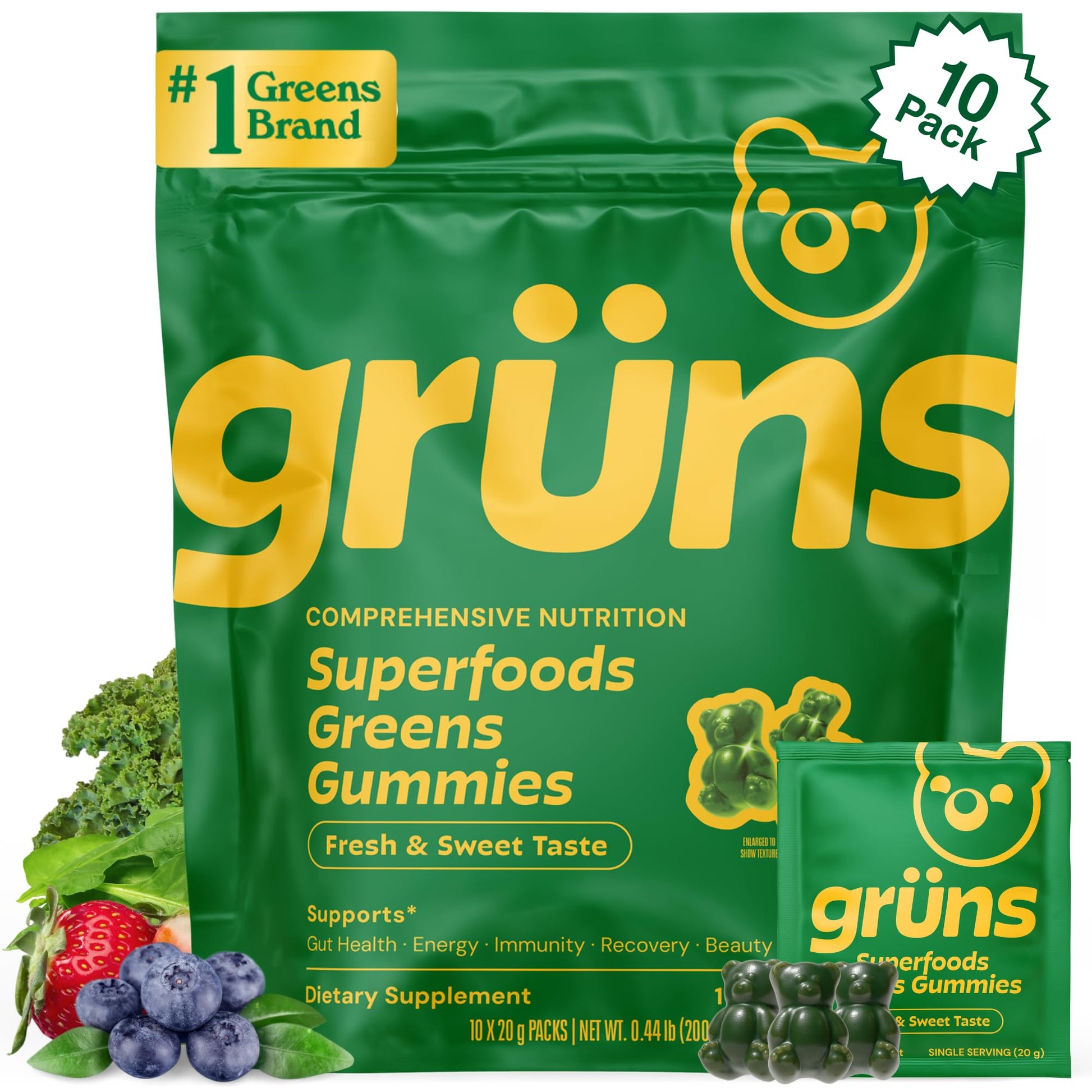 Grüns Adult Greens Gummies & Daily Multivitamin, Prebiotic Fiber, 10 Gummies