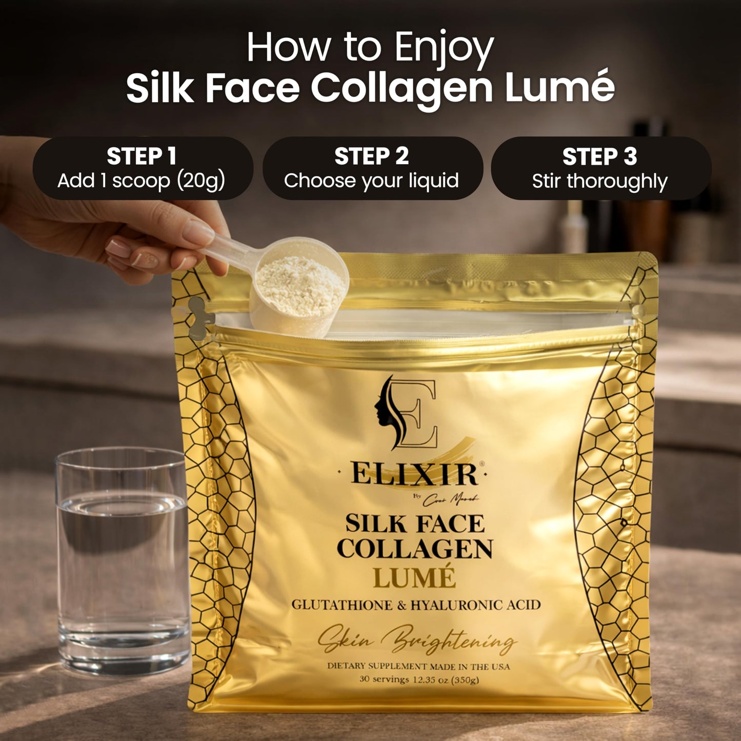 Elixir by Cocó March Silk Face Collagen Lumé Powder with Hyaluronic Acid & Glutathione – Collagen Peptides 20g Protein Powder for Women – Supports Skin Care, Hydration, Elasticity & Radiance - 12.35 Ounce