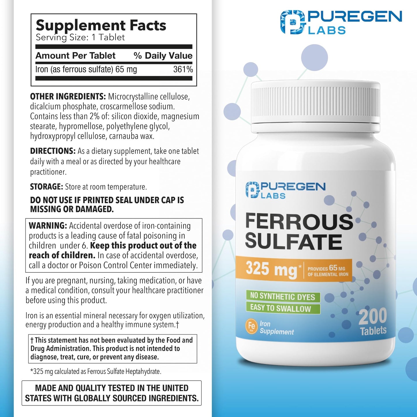 P Puregen Labs Ferrous Sulfate 325 mg (65 mg Elemental Iron) High Potency Iron Supplement Tablet, 200 Tablets
