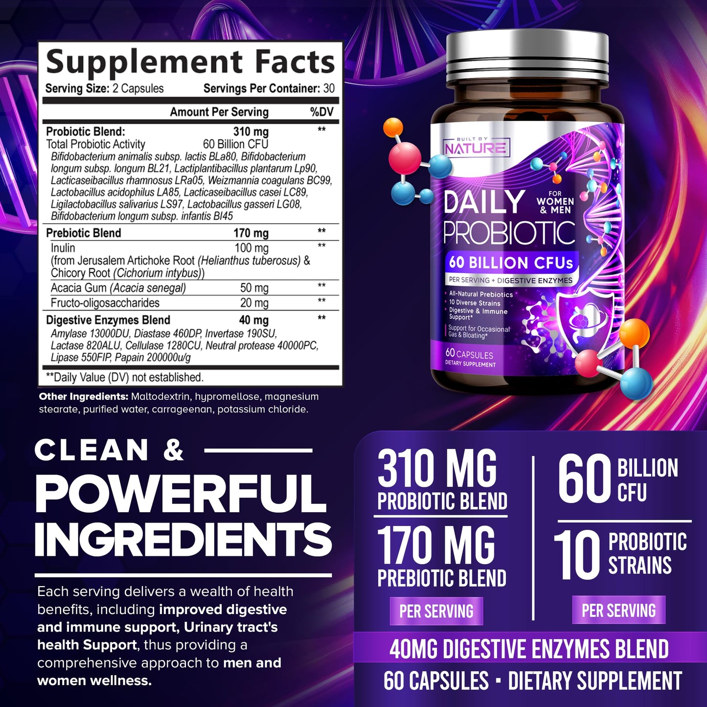 Built by Nature Probiotic for Women & Men – 60 Billion CFU, 10 Strains + Prebiotics & Digestive Enzymes – Supports Digestive, Immune, Reduce Gas & Bloating – Shelf Stable, Non-GMO, 60 Capsules