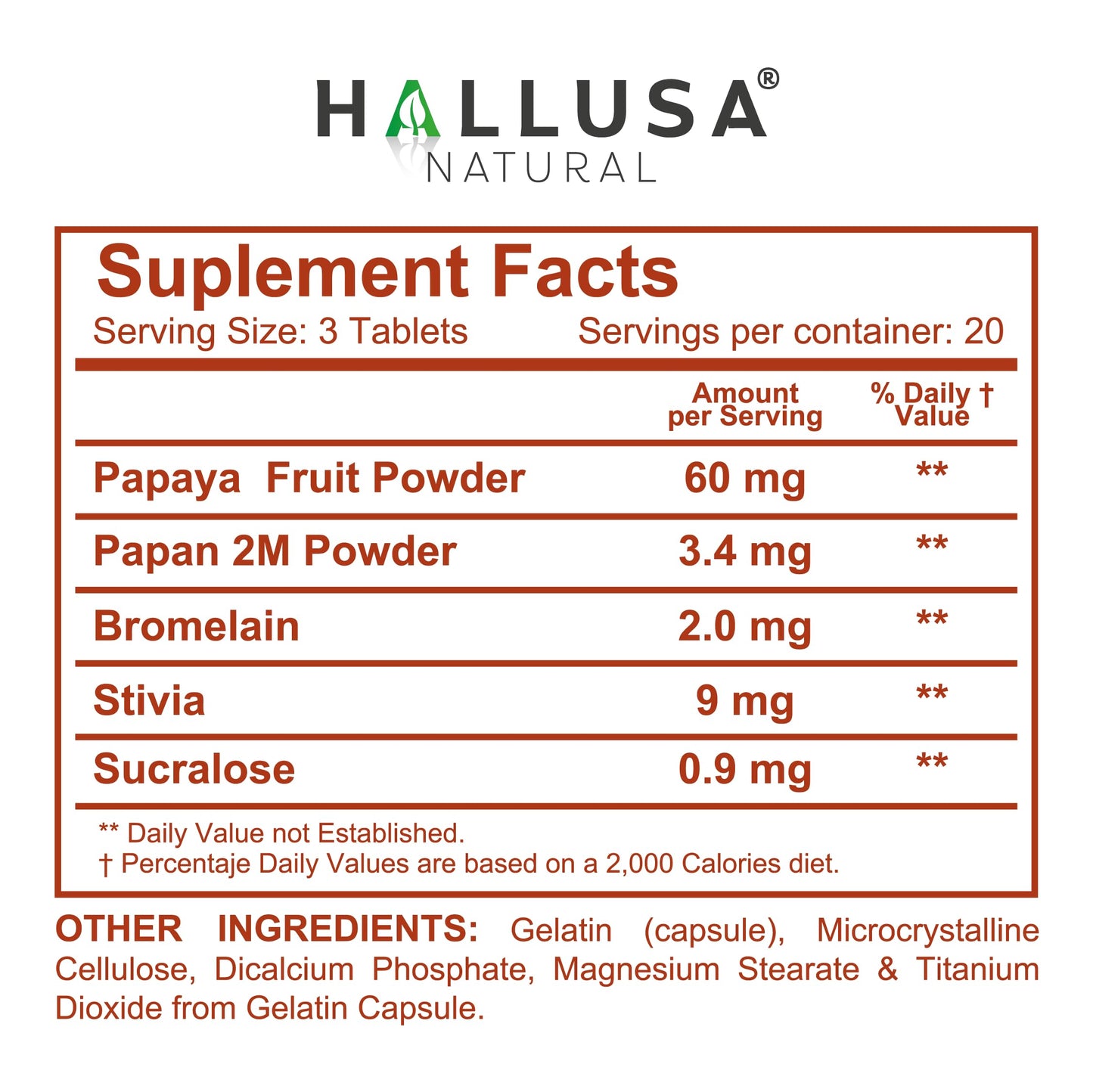 Hallusa Natural Papaya Enzyme Tablets, 60 Count