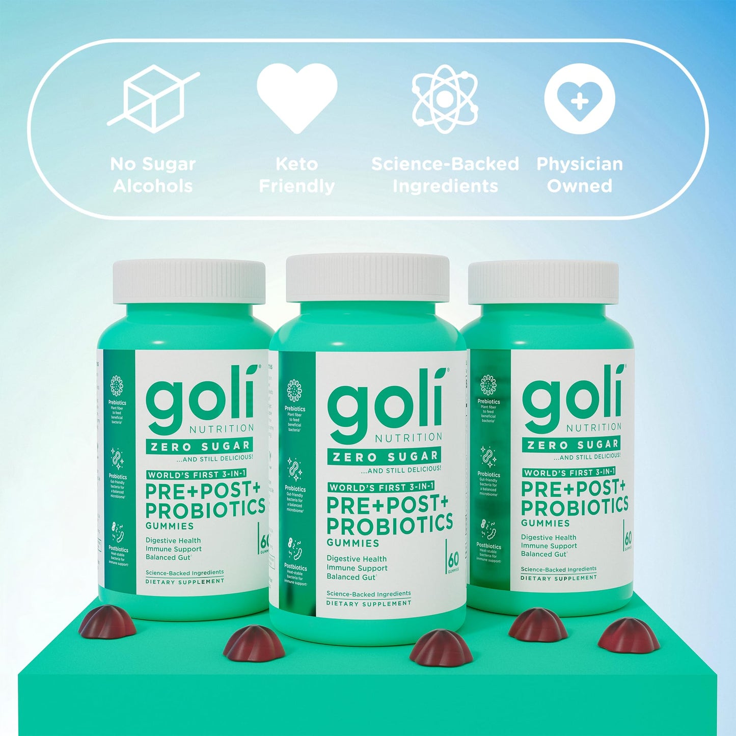 Goli Zero Sugar Pre Pro Postbiotic Gummies, 180 Gummies