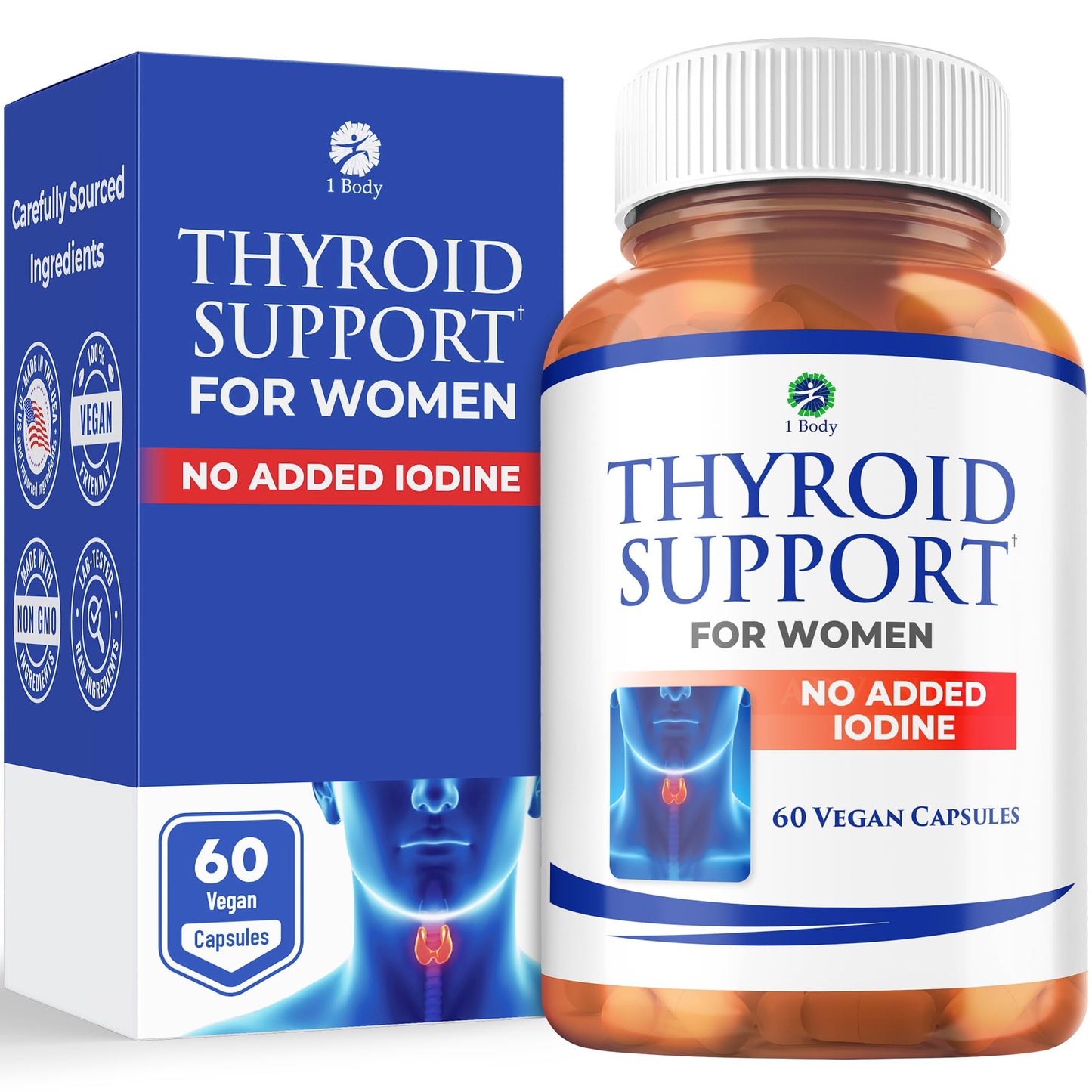 1 Body Thyroid Support for Women, Iodine Free Formula Capsules 60