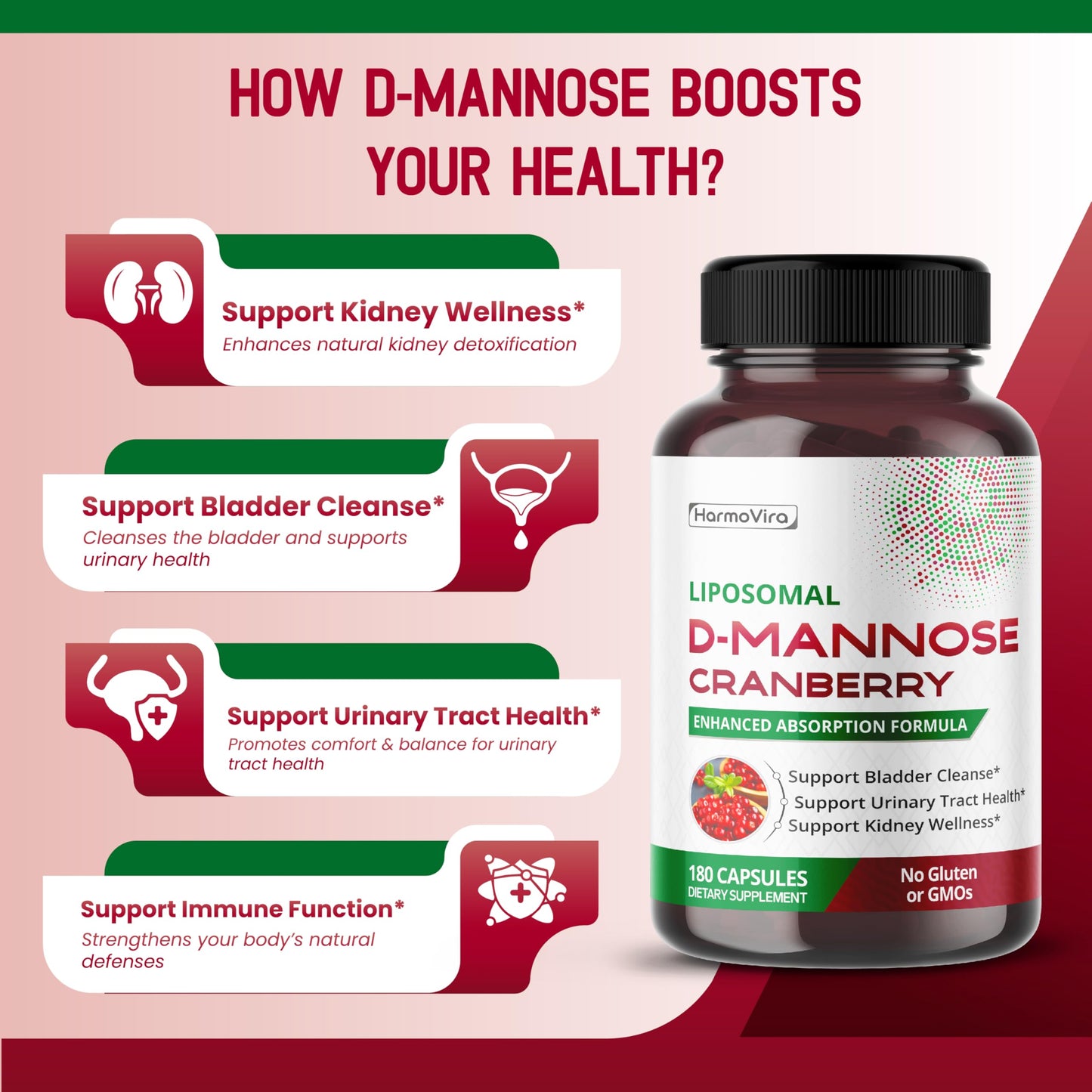 HarmoVira Liposomal D-Mannose Cranberry Supplement Capsules, 180