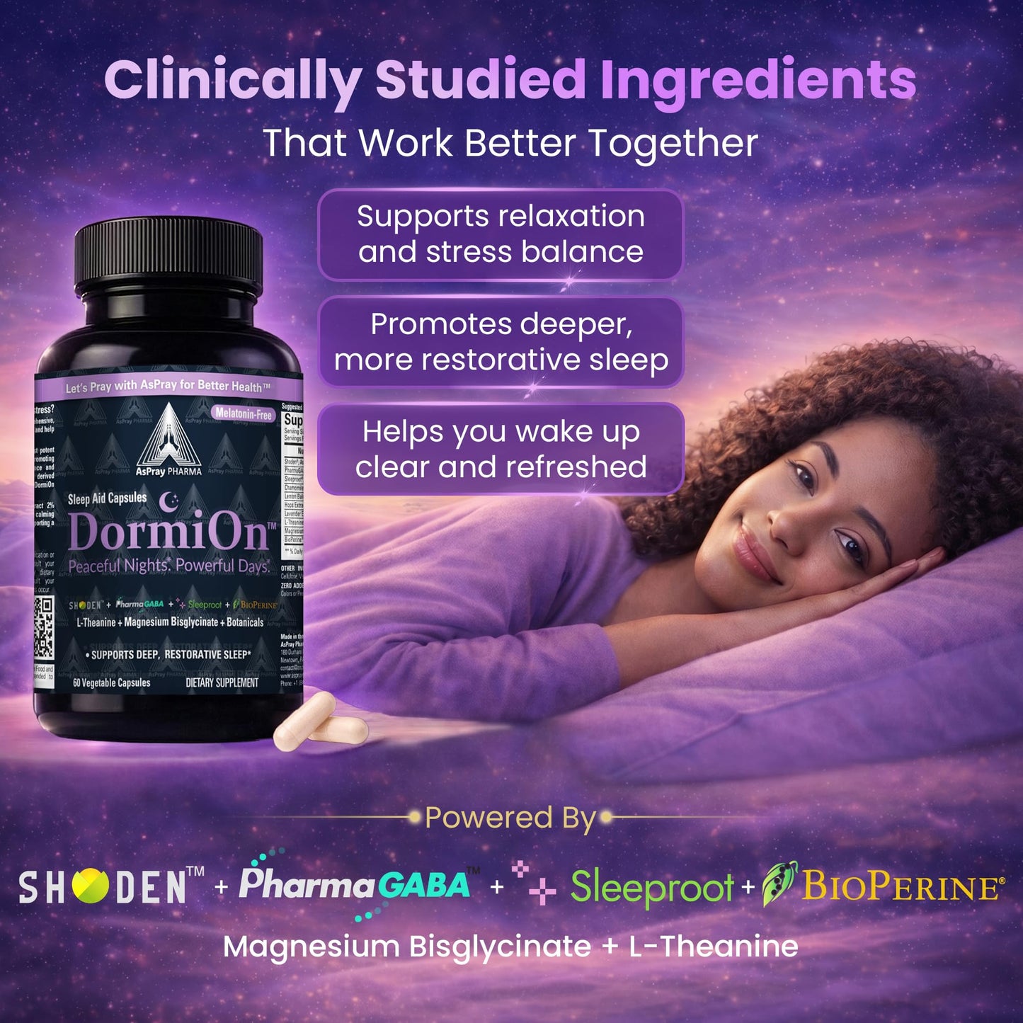 AsPray Pharma DormiOn Melatonin-Free 10-in-1 Stress Relief-Cortisol Reducer, Restorative Deep Sleep Aid for Adults – Clinically Studied Ashwagandha, GABA, Valarian and Magnesium, Non-Habit Forming, Vegan, 60 Capsules