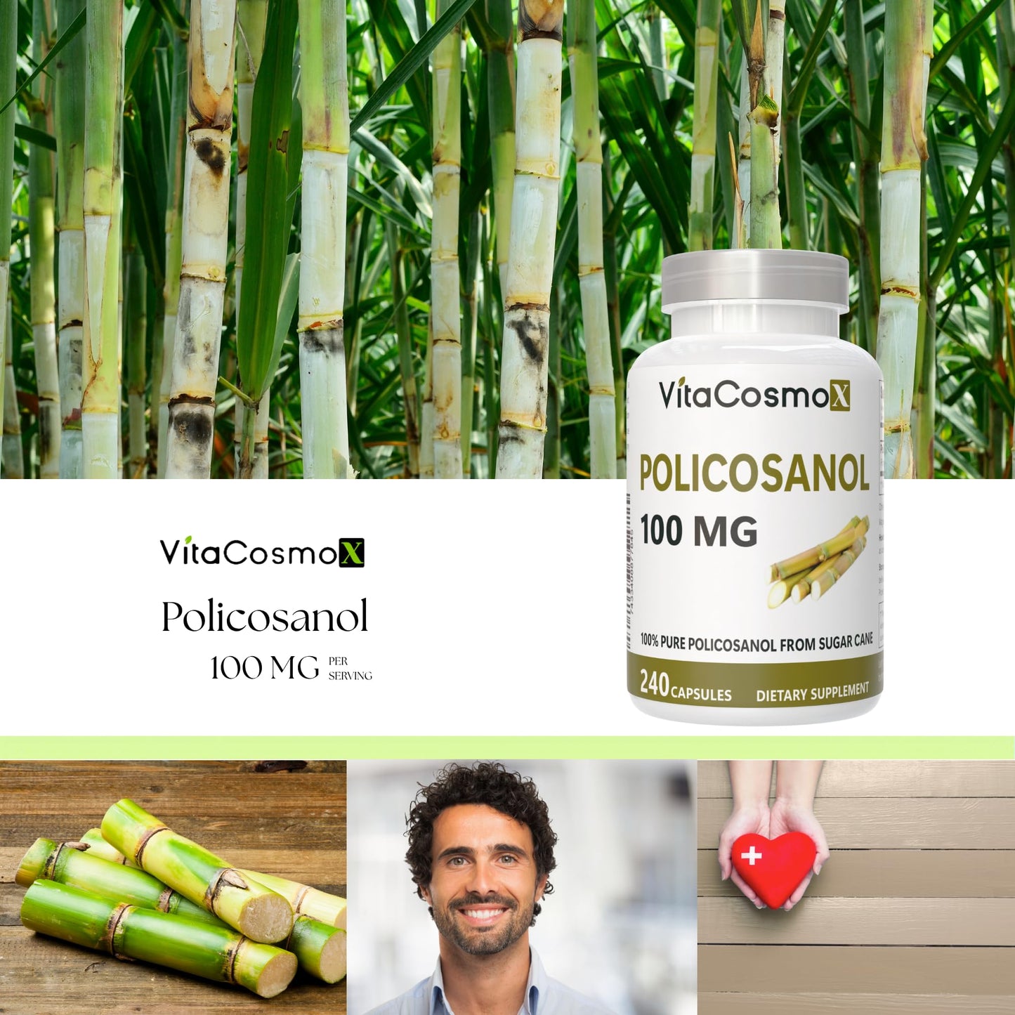VitaCosmoX Policosanol Sugar Cane Extract Capsule, 240 Count