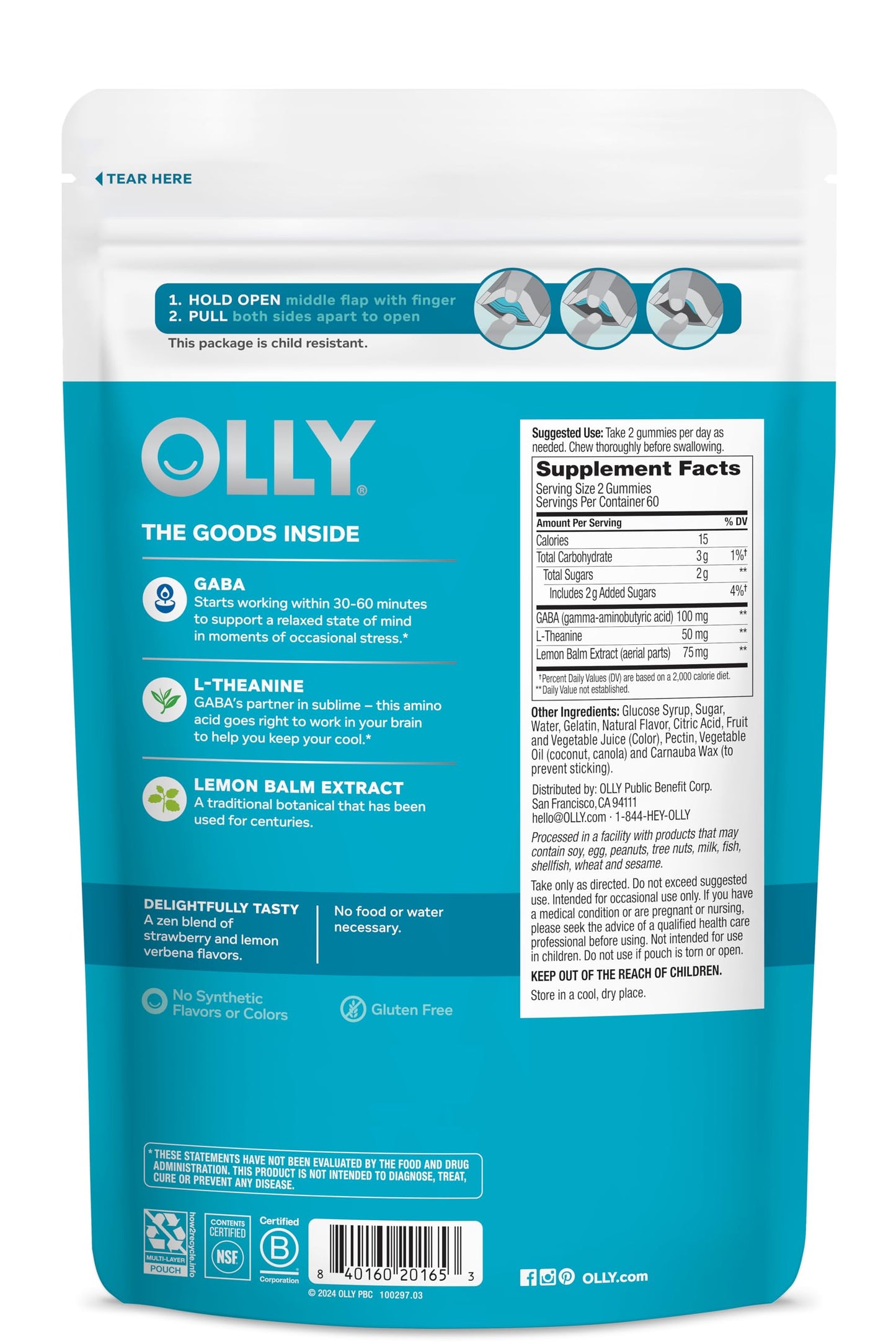 OLLY Goodbye Stress Gummies GABA L-Theanine Lemon Balm Stress Relief Supplement Berry Flavor - 120 Count