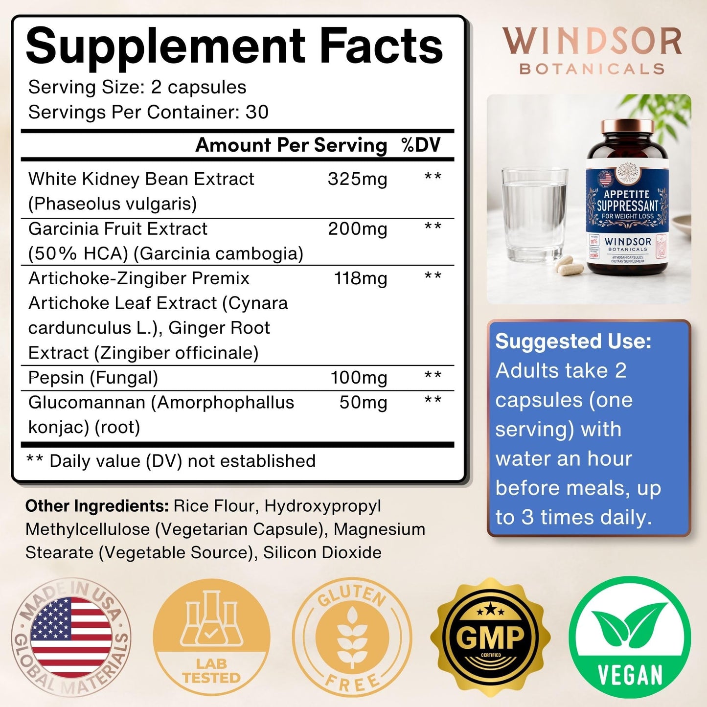 WINDSOR BOTANICALS Appetite Suppressant for Weight Loss Capsule 60 Capsules
