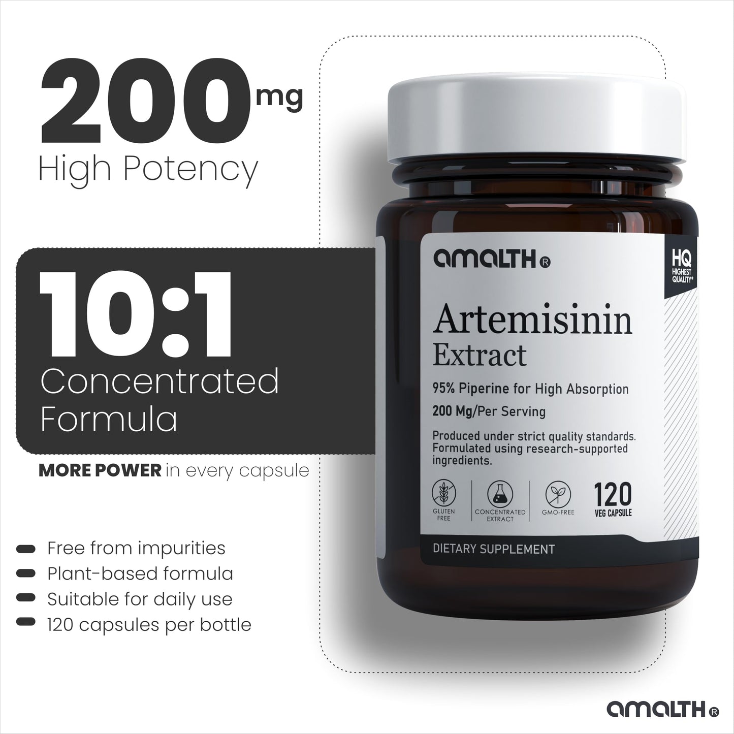 AMALTH Artemisinin Capsules 200 mg | Artemisinin Extract 95% with Black Pepper | Herbal Antioxidant Supplement | Plant Based Botanical Formula | Non-GMO, 1 Capsule