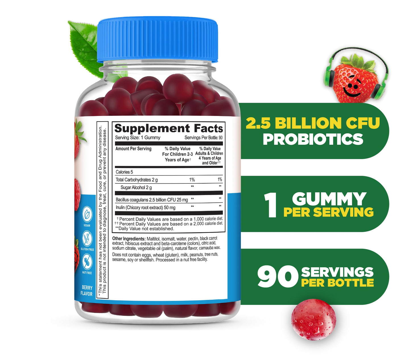 Lifeable Sugar Free Probiotics with Prebiotics Fiber for Kids Chewable Gummies 90 Count