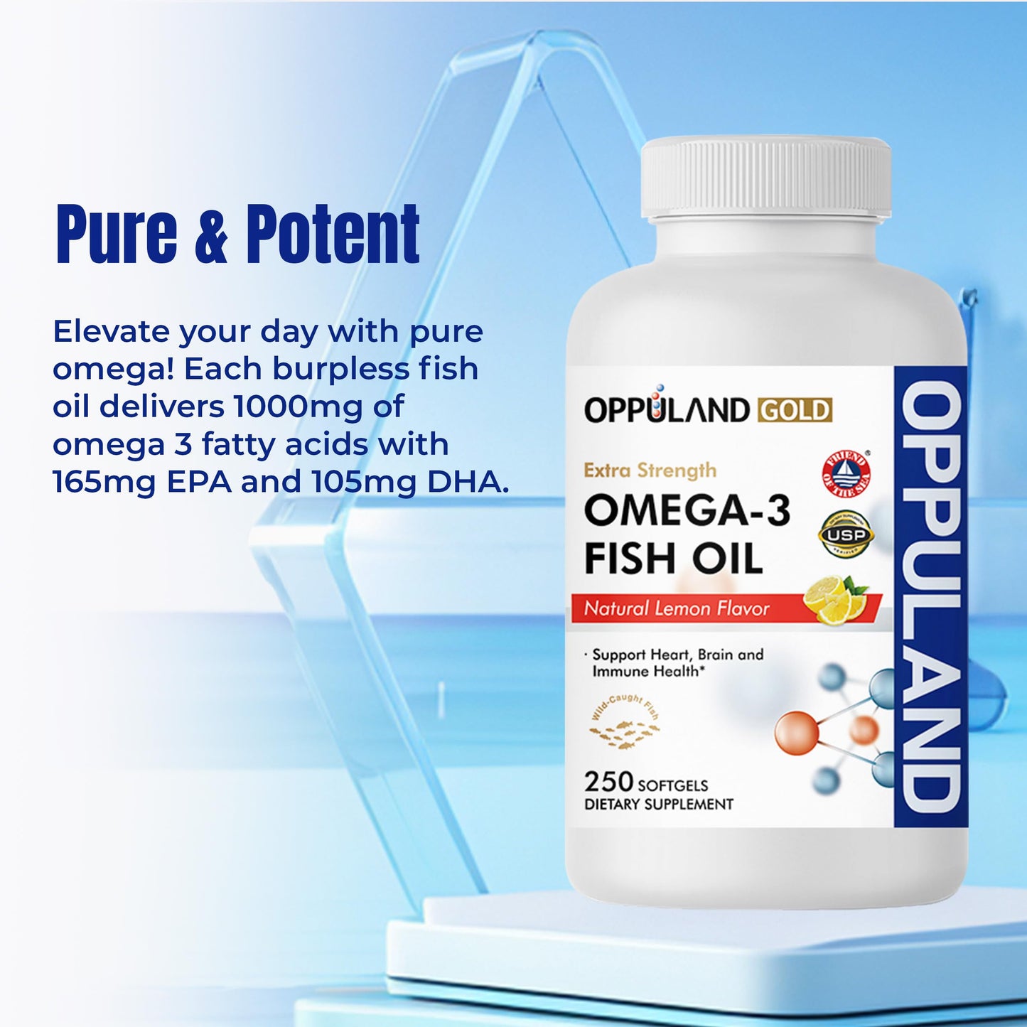 Oppuland Omega 3 Fatty Acids Fish Oil Supplement - Triple Strength - 1000 mg Encapsulations with EPA 165 mg & DHA 105 mg for Heart, Brain & Joint Care - Burpless Omega3 - Lemon Flavor, 250 Softgels