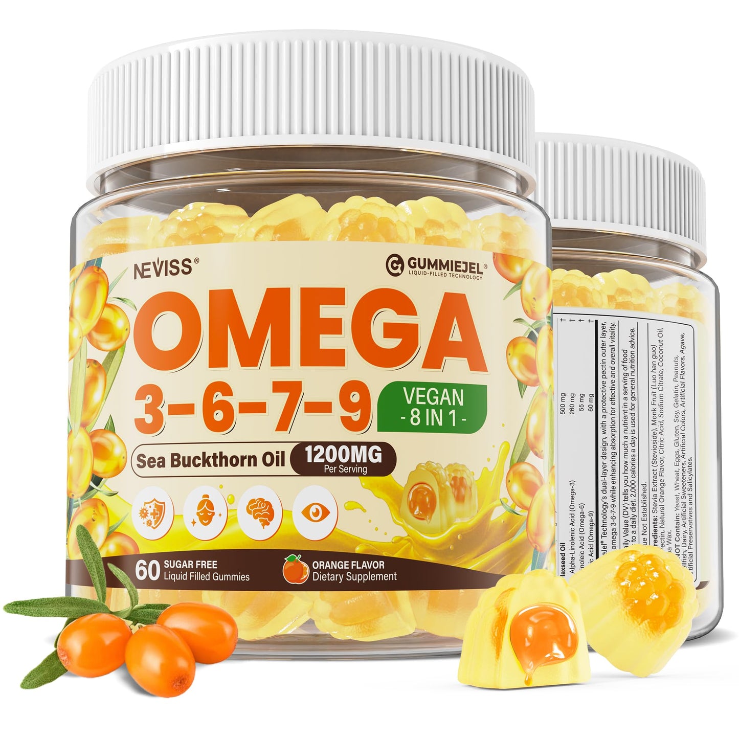 NEVISS Omega 3-6-7-9 Gummies with Sea Buckthorn Oil 1200mg & Flaxseed Oil 500mg, 60 Count
