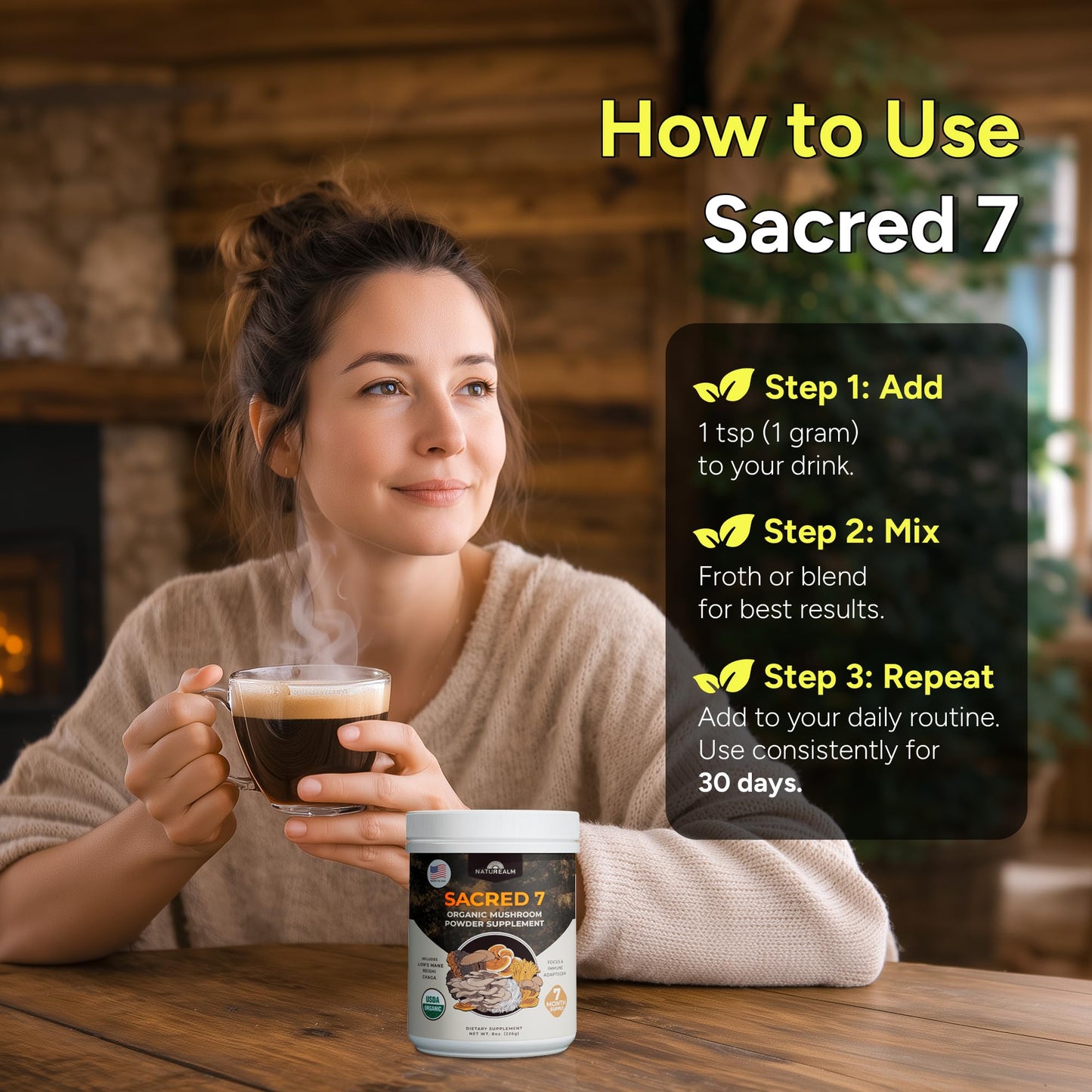 Naturealm Sacred 7 Organic Mushroom Powder Blend, Powder, 8 Ounce
