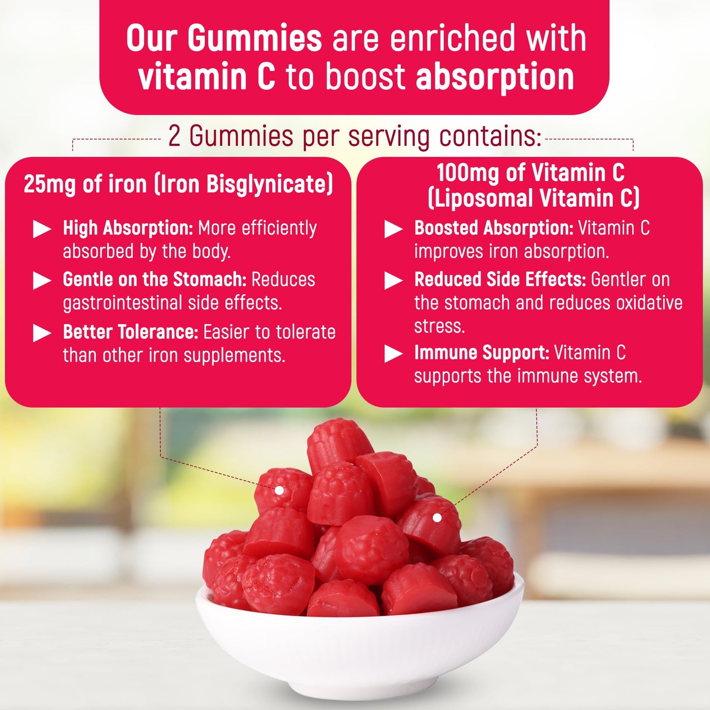 Doc Mila Iron Bisglycinate Gummies 25mg with Liposomal Vitamin C, 60 Gummies