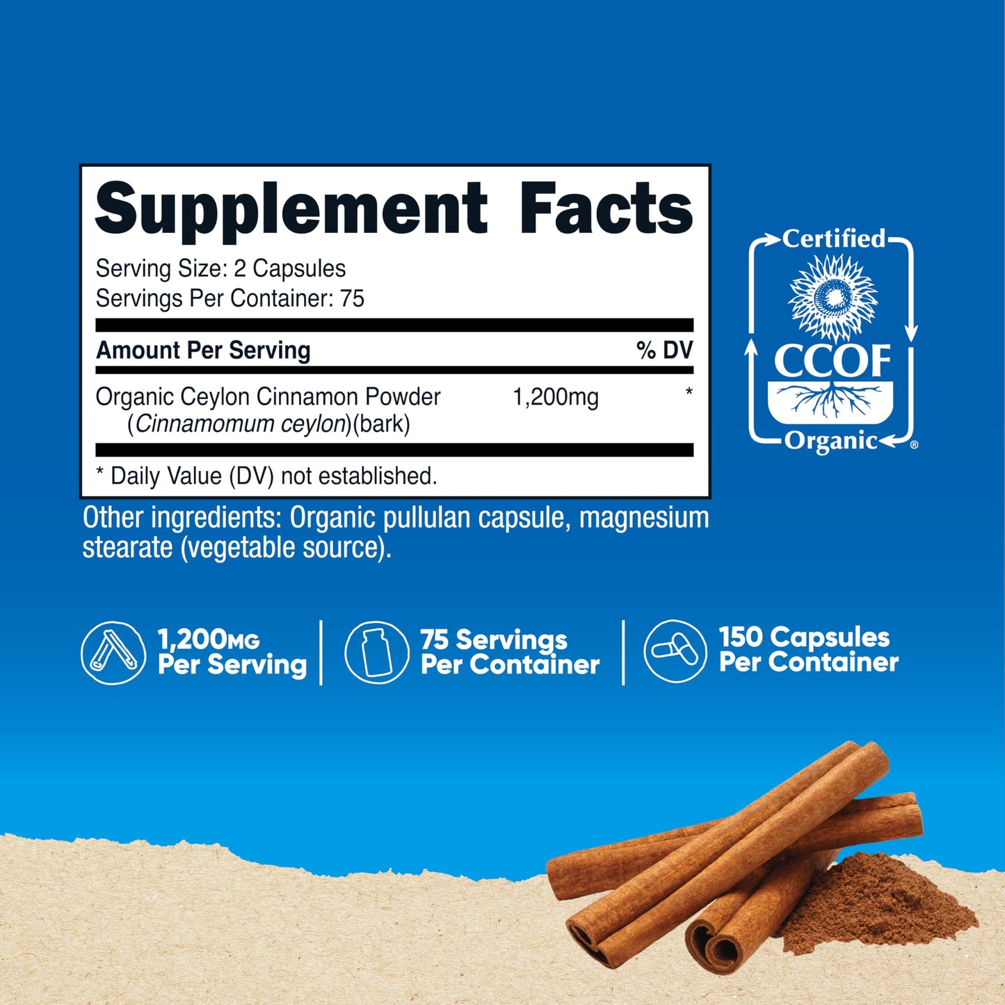 Nutricost Organic Cinnamon (Ceylon Cinnamon) 1,200mg Capsules, 300 Count