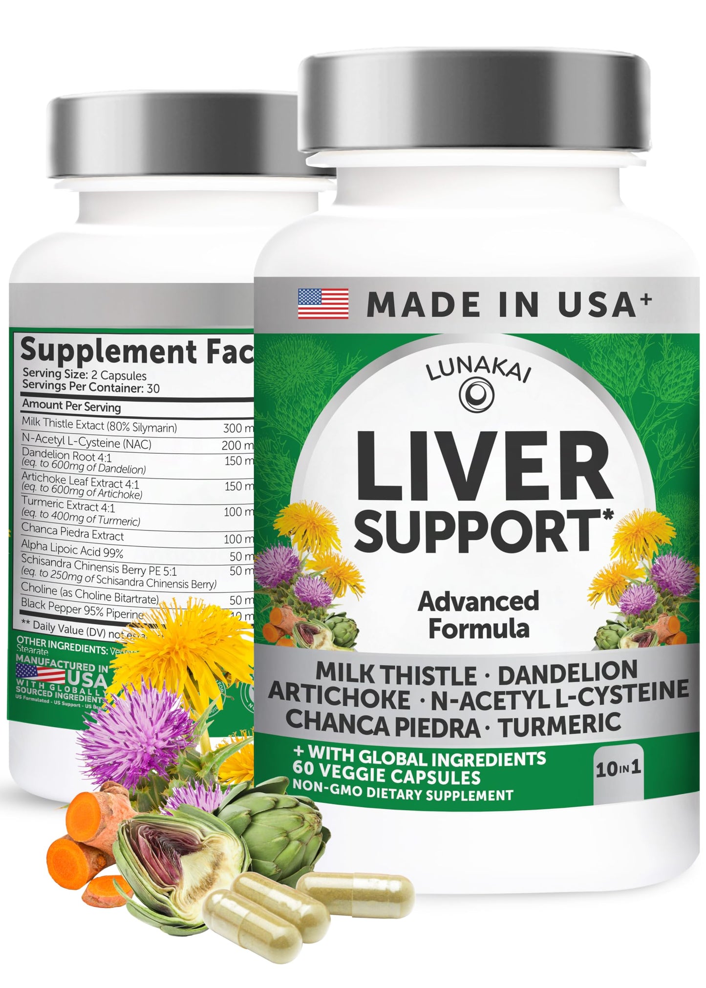 Lunakai Liver Cleanse Detox & Repair 10-in-1 with Milk Thistle & NAC Capsules, 60 Count