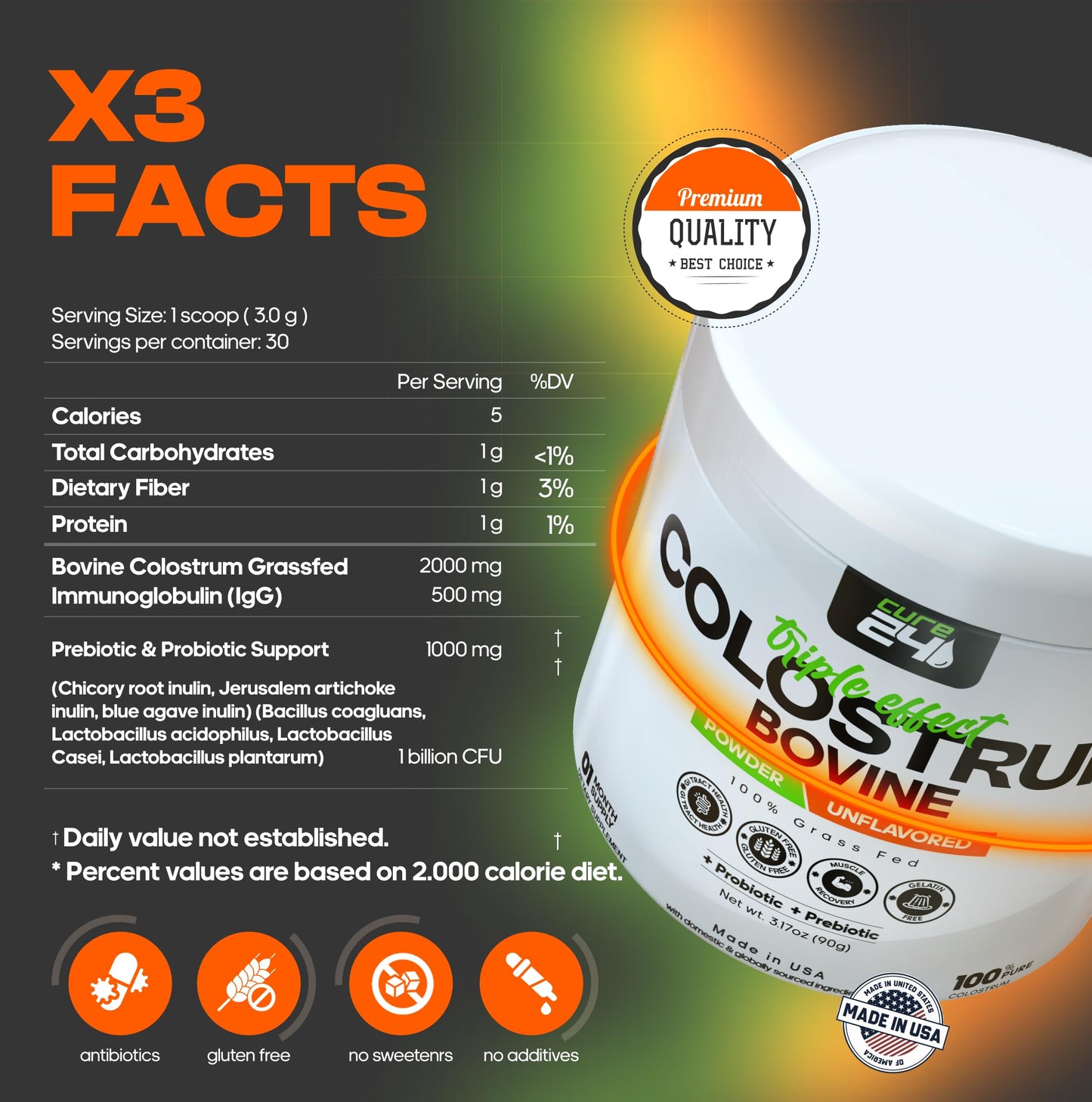Cure24 Bovine Colostrum X3 Supplement Powder 3.17 Ounce